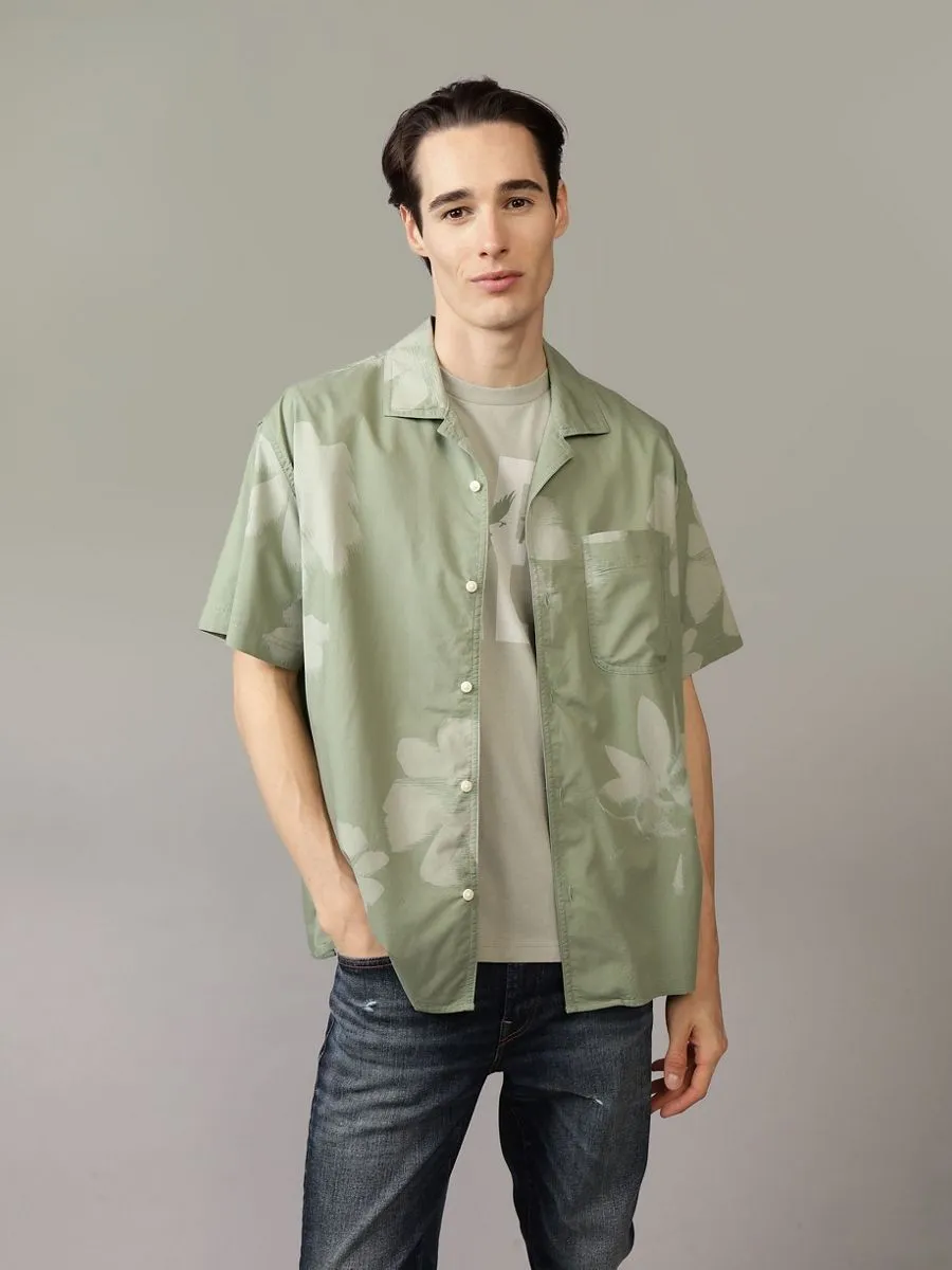 AMERICAN EAGLE MEN WENDY FLORAL SS OVERSIZED CAMP COLLAR COTTON RAYON 322 SHARP GREEN