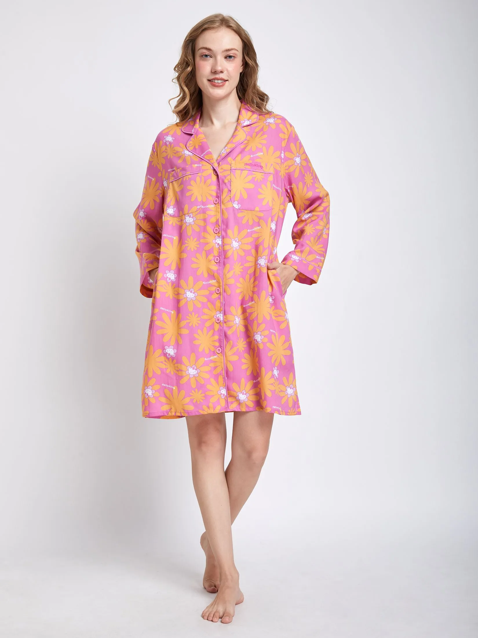 SANRIO Women Pyjamas Dress Long Sleeves Flower Face Hello Kitty Pink