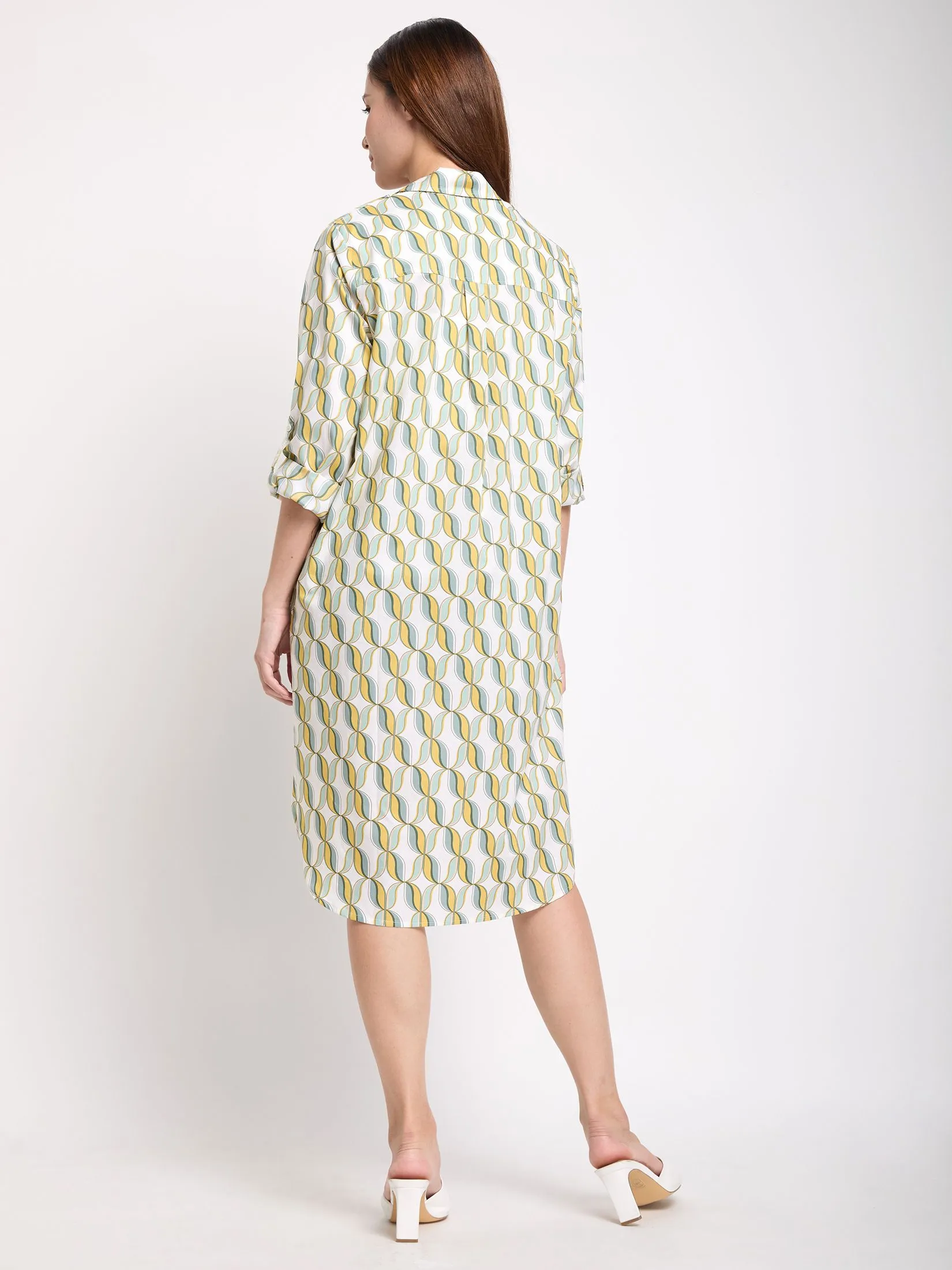 ALUMNUS Women Dress Long Sleeves Collar Neck Print Yellow