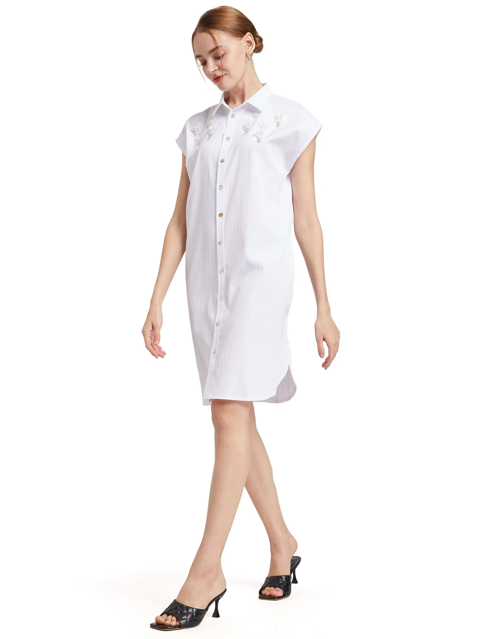 FOF Women Dress Short Sleeves Collar Neck with Flower Detail