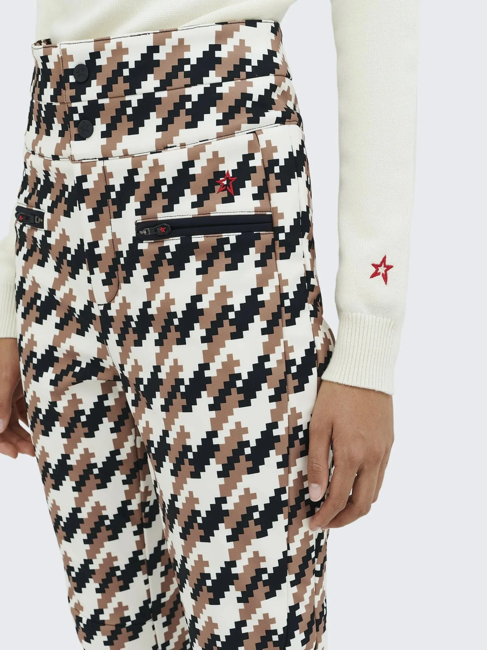 PERFECT MOMENT AURORA HIGH WAIST FLARE PANT IN HOUNDSTOOTH ICONIC CAMEL BLACK AND WHITE