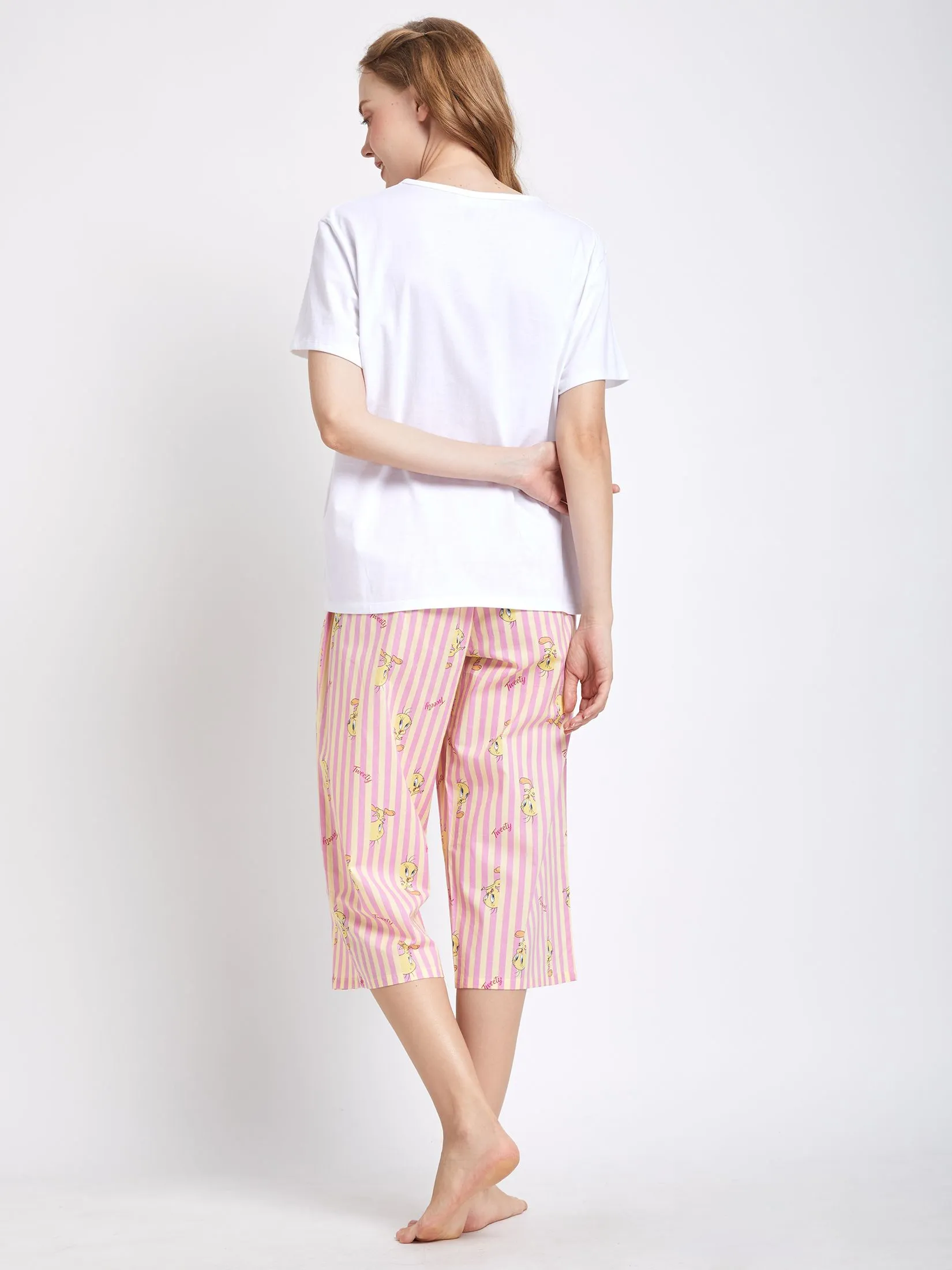 SWEET SENSATIONS Women Pyjamas T-Shirt Short Sleeves Crew Neck + 3/4 Pants Tweety Yellow