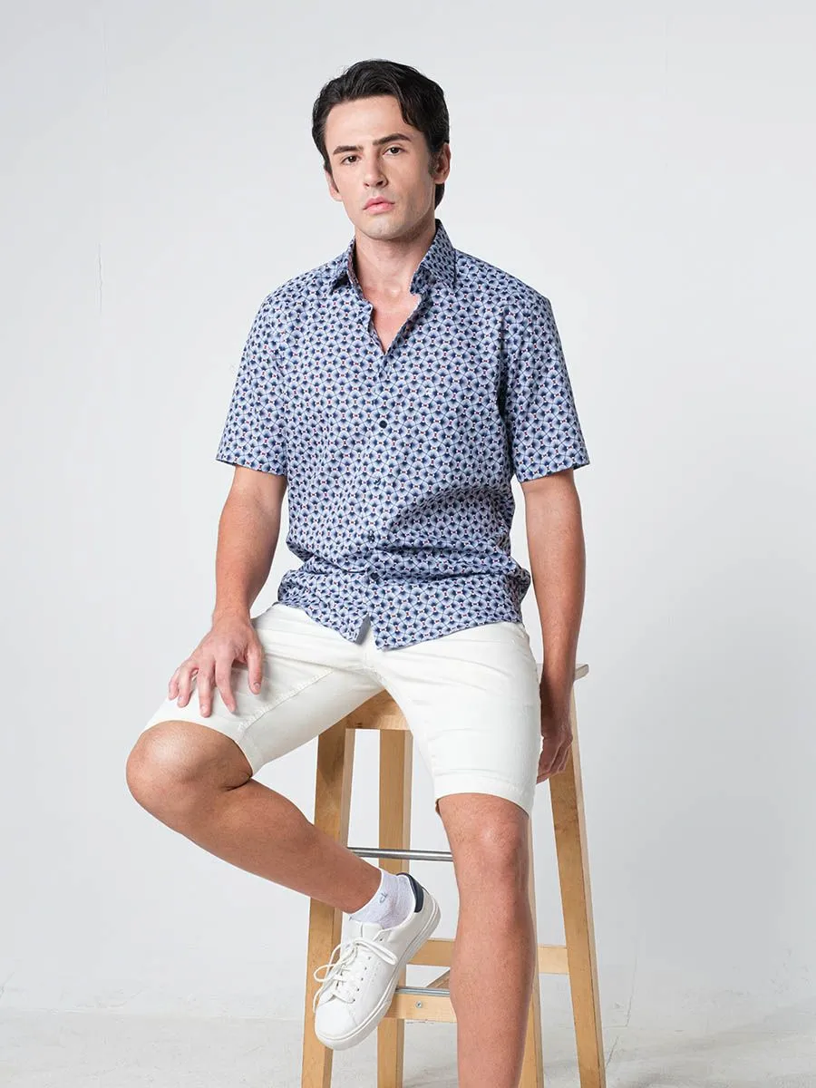 OLYMP MEN SHIRT SHORT SLEEVES CASUAL SHIRT MODERN FIT NAVY PATTERN PRINT