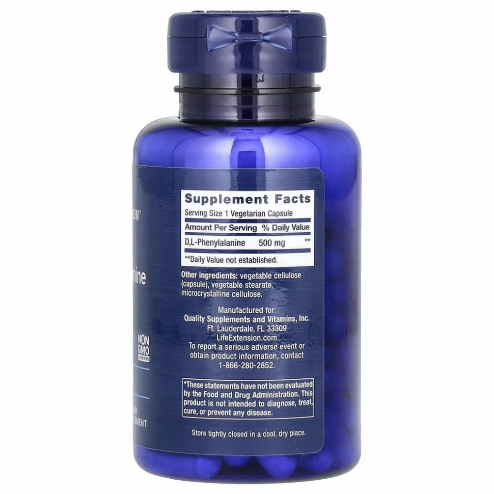 Life Extension, D, L-фенилаланин, 500 мг, 100 вегетарианских капсул