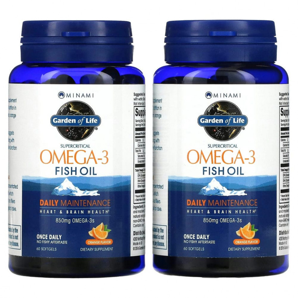 Minami Nutrition, Сверхкритический, Omega-3 Fish Oil, 850 мг, апельсиновый вкус, 120 гелевых капсул в каждой упаковке