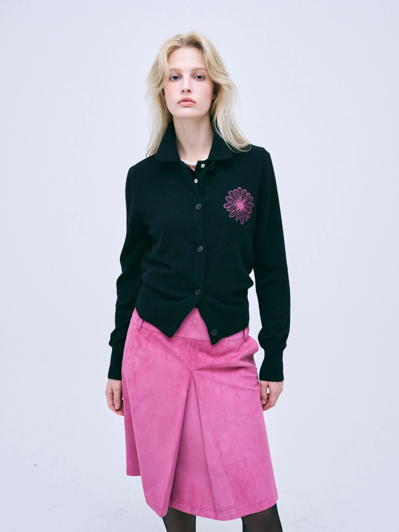 MARDI MERCREDI Raccoon Blended Cardigan Round Neck Black Fuchsia F