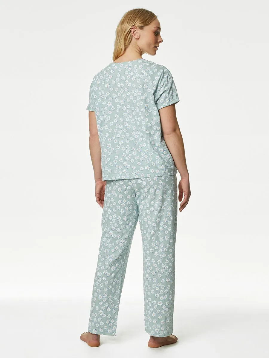 MARKS & SPENCER Women Pyjama Set Pure Cotton Little Flower Printed Asagi