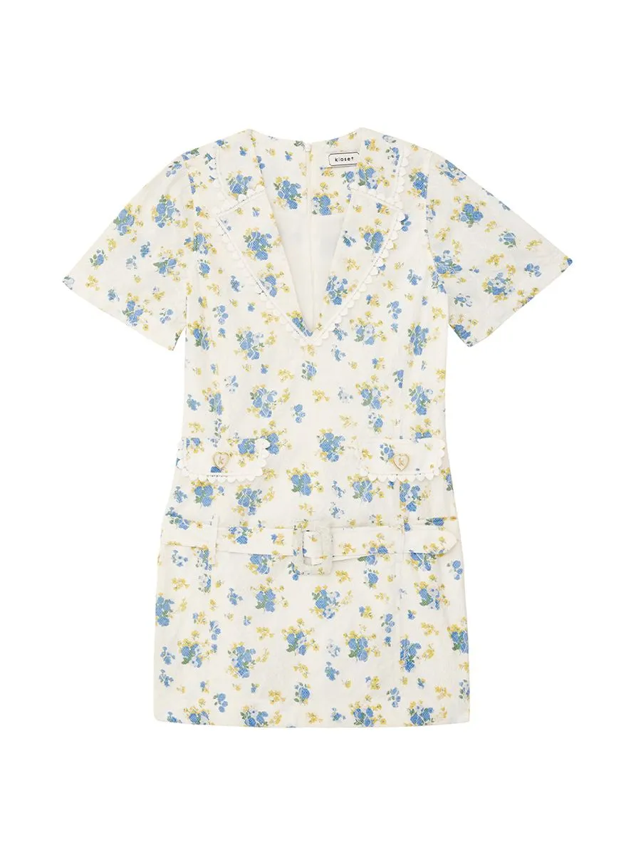 KLOSET (RS23)Flowers Lace Front Pockets Dress With Belt Blue
