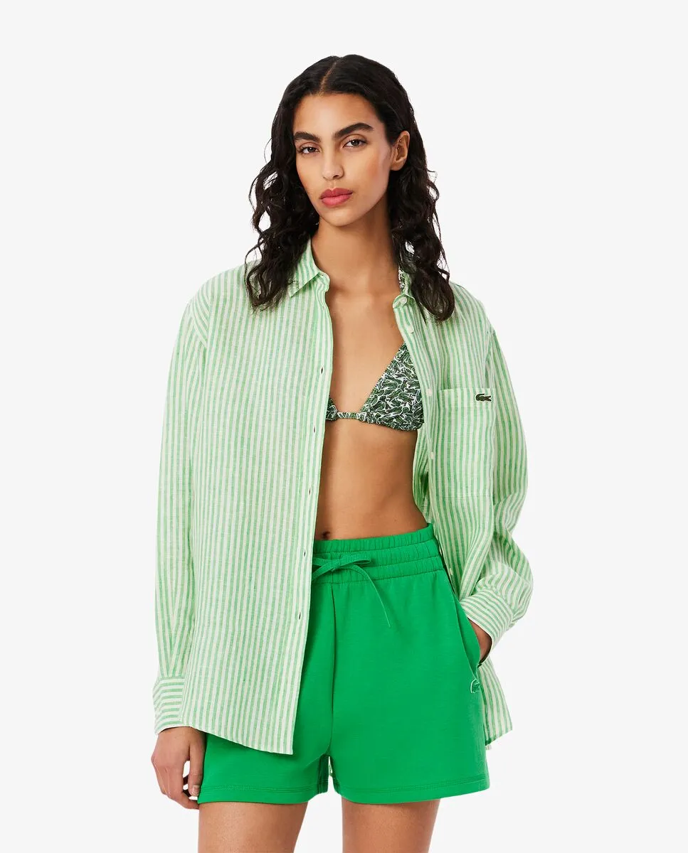 LACOSTE Oversized Striped Linen Shirt White