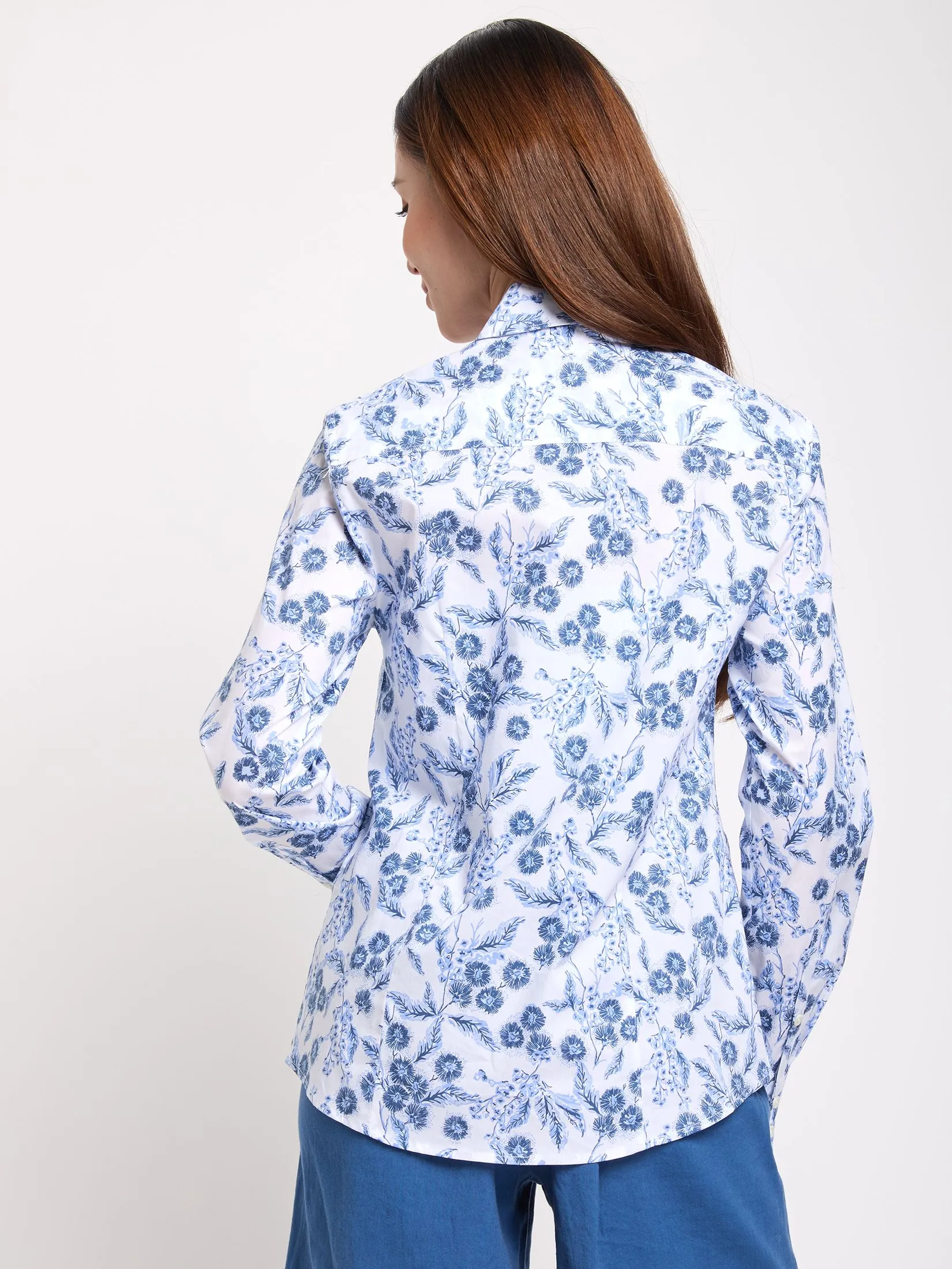 ALUMNUS Women Shirt Long Sleeves Collar Neck Print Blue