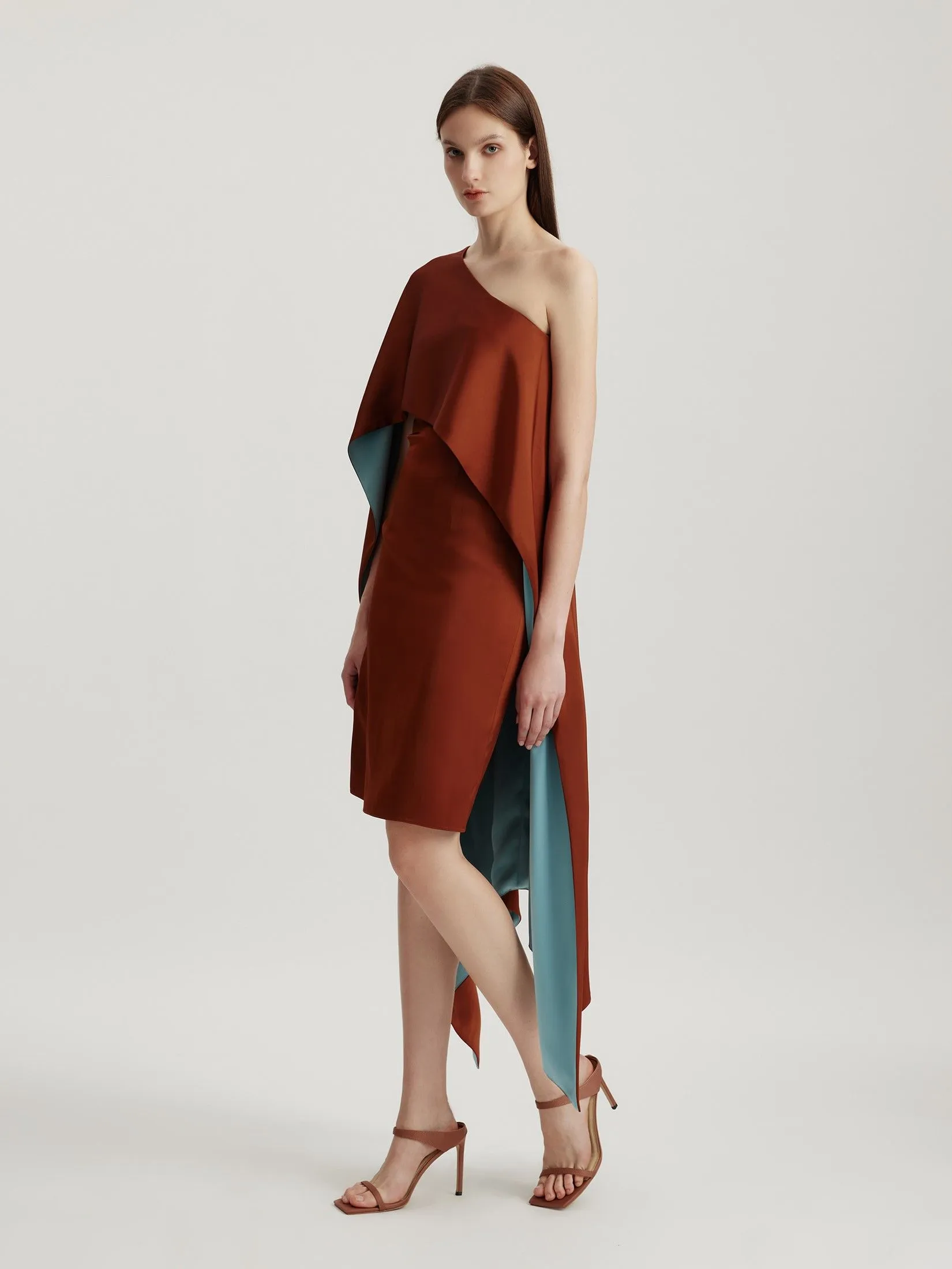ASAVA ( AW24 ) Isha One-Shoulder Cape Women Dress Brown