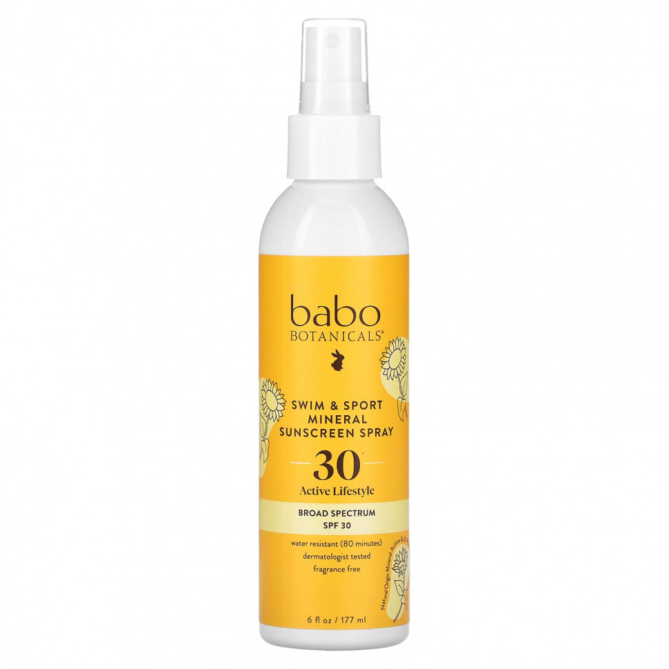 Babo Botanicals, Swim & Sport, солнцезащитный спрей с минералами, SPF 30, 177 мл (6 жидк. Унций)