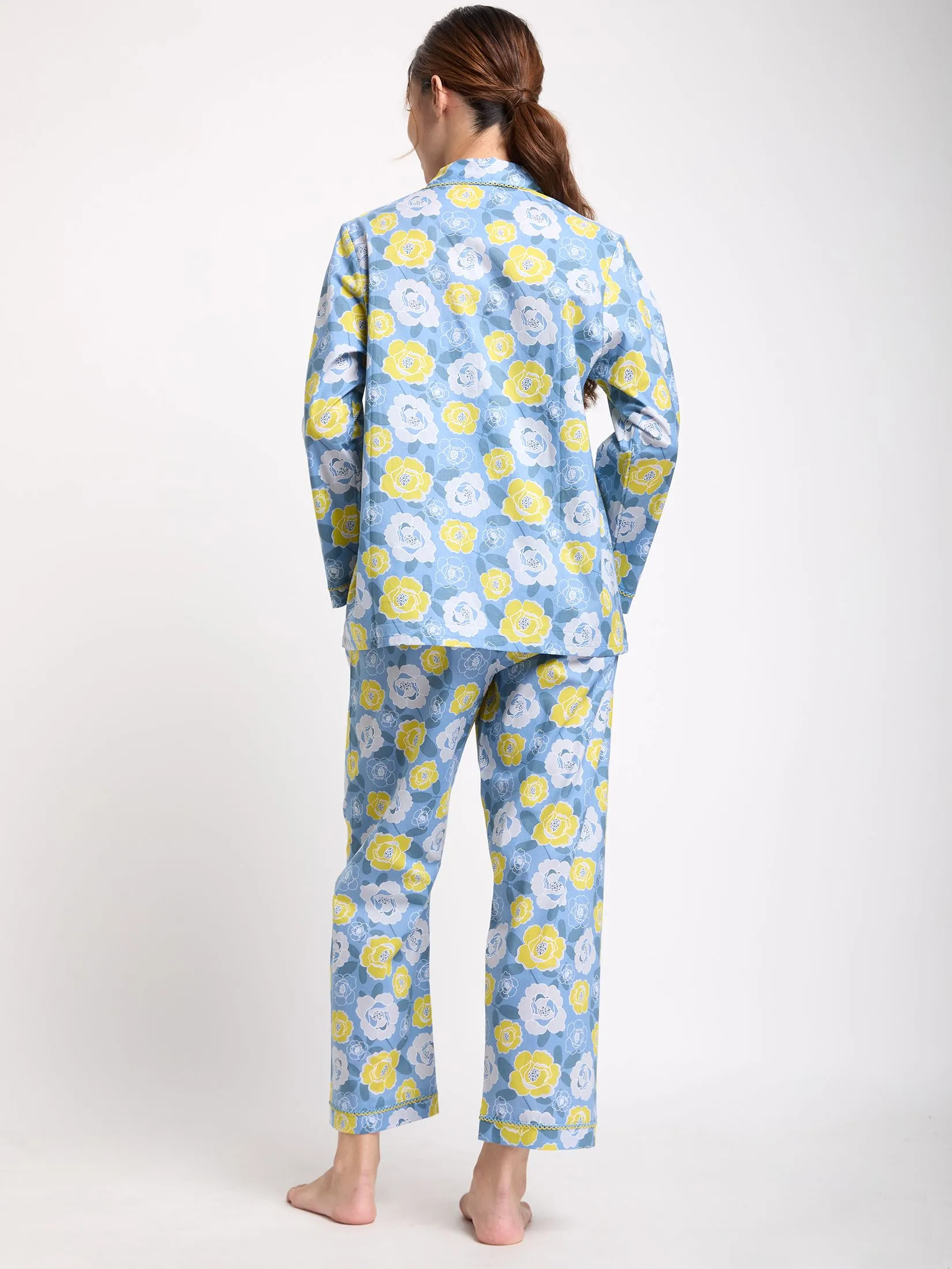 CLAUDIA'S ROMANCE Women Pyjamas Shirt Long Sleeves + Pants Floral Print Light Blue