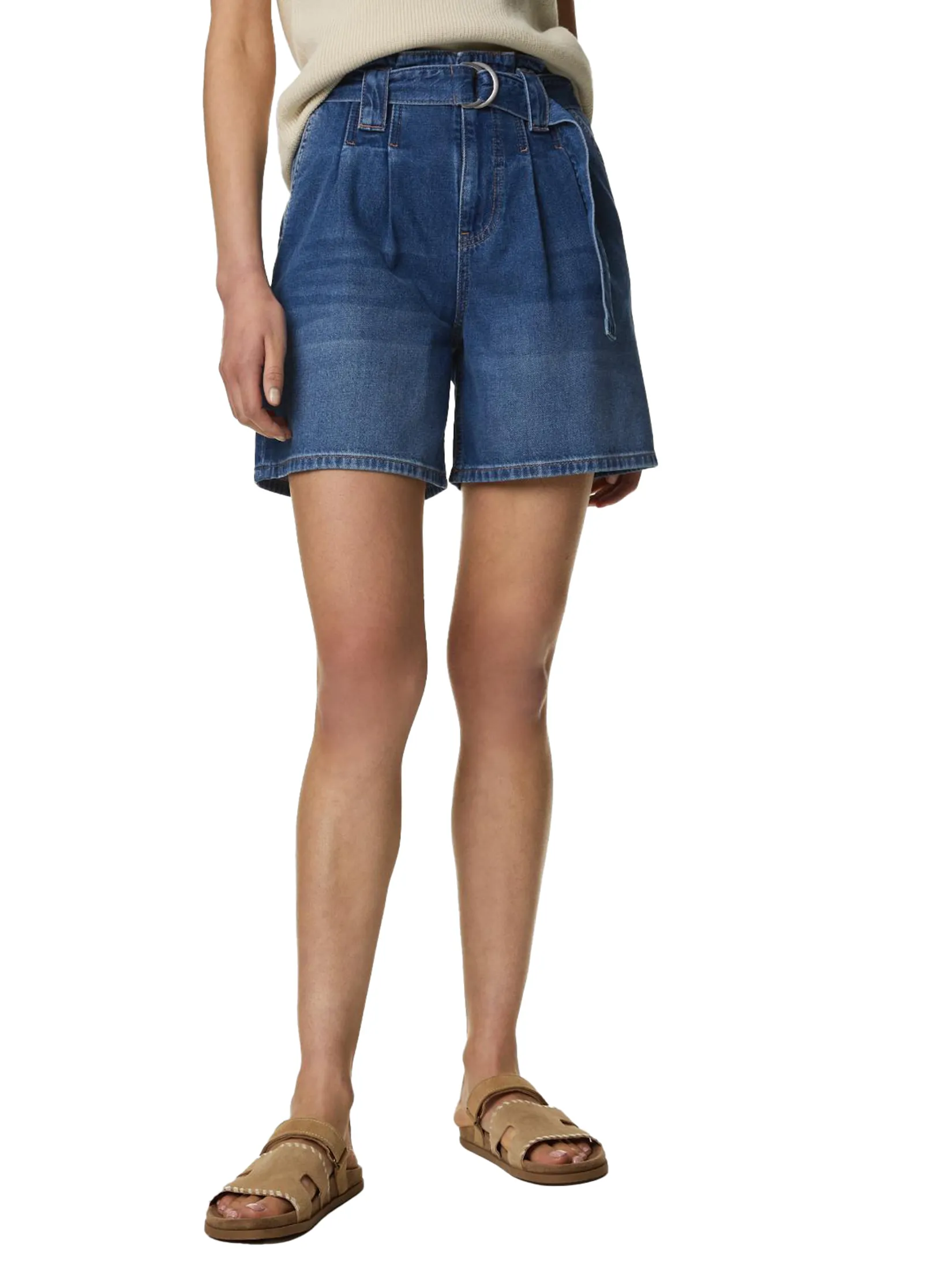 MARKS & SPENCER Women Shorts Denim Pleat Front Belted Medium Indigo Size - 12 UK