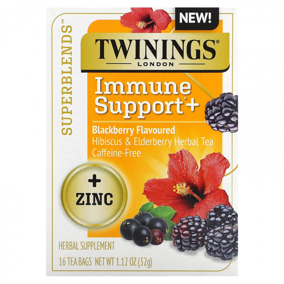 Twinings, Superblends, Immune Support, травяной чай из гибискуса и бузины, ежевика, без кофеина, 16 чайных пакетиков, 32 г (1,12 унции)