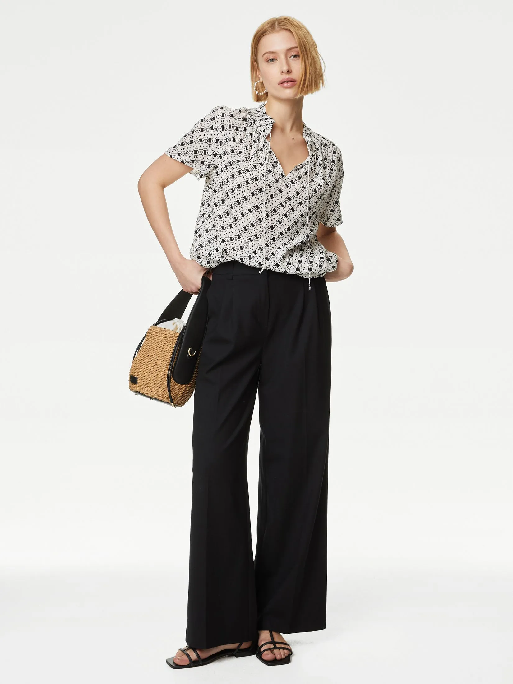 MARKS & SPENCER Women Blouse Tie Neck Printed Gathered Ivory Mix