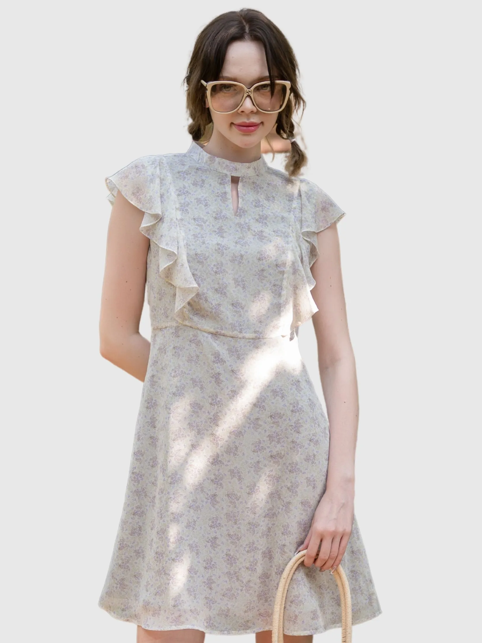 AMILA Women Dress Short Sleeves Chiffon Print Cream