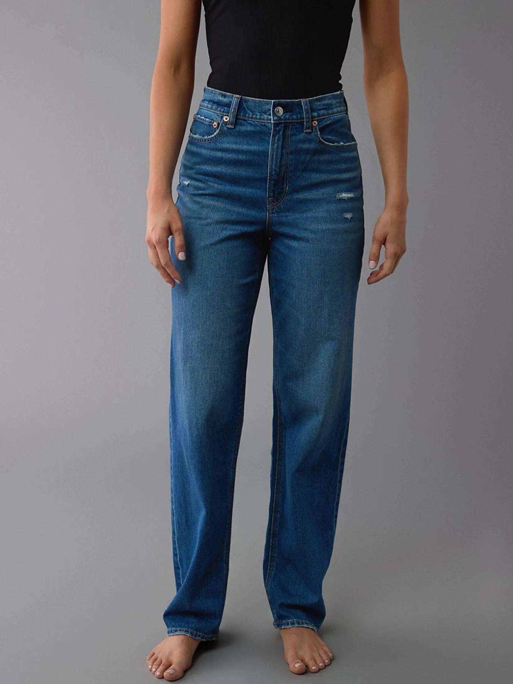 AMERICAN EAGLE WOMEN SUPER HIGH-RISE BAGGY STRAIGHT JEANS 475 DEEPEST AZURE