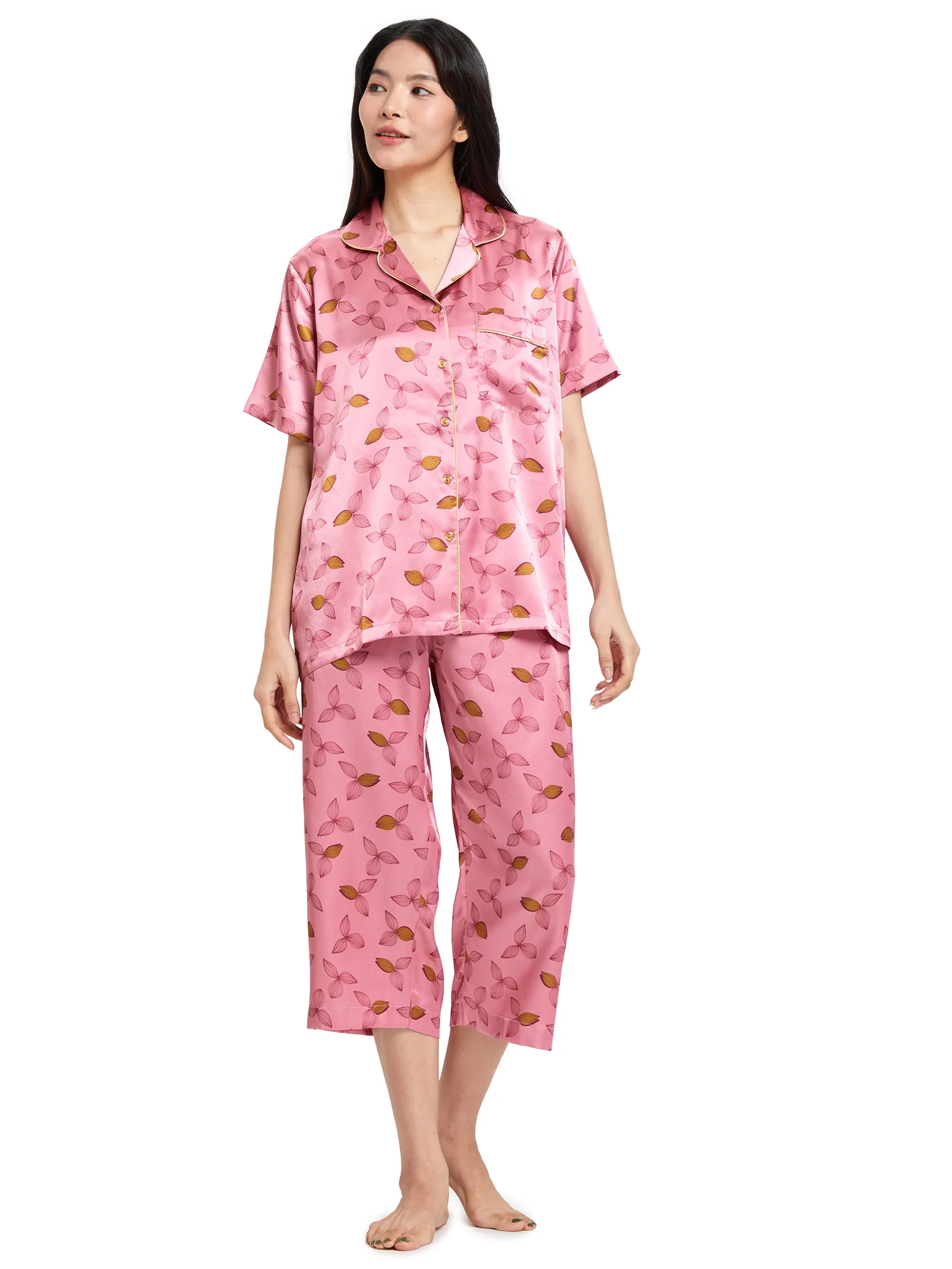 ELIZABETH Women Pyjamas Shirt Short Sleeves + Cropped Pants Pink