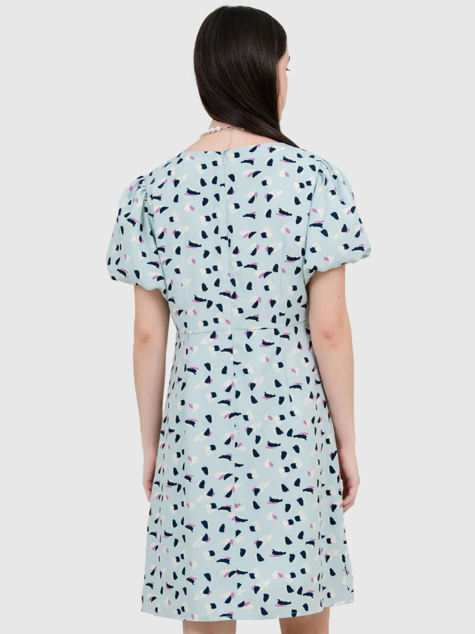 AMILA Women Dress Short Sleeves Peach Skin Blue