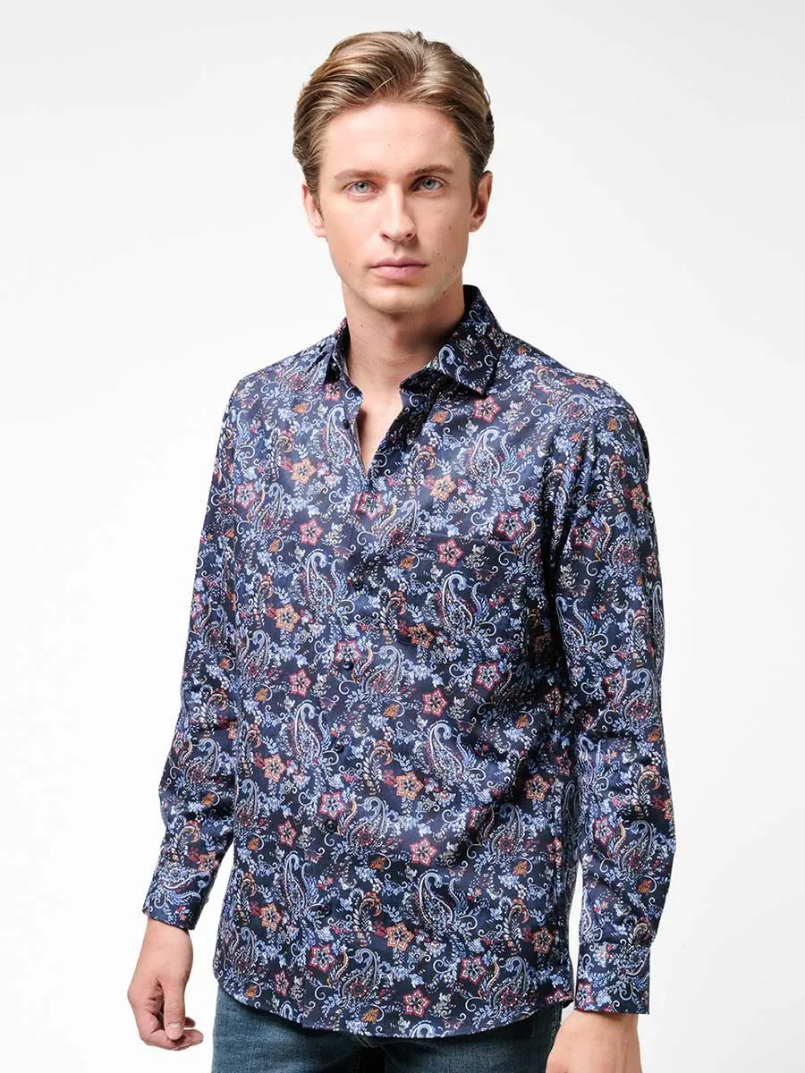 OLYMP MEN SHIRT LONG SLEEVES MODERN FIT GRAPHIC PRINT NAVY BLUE EASY IRON