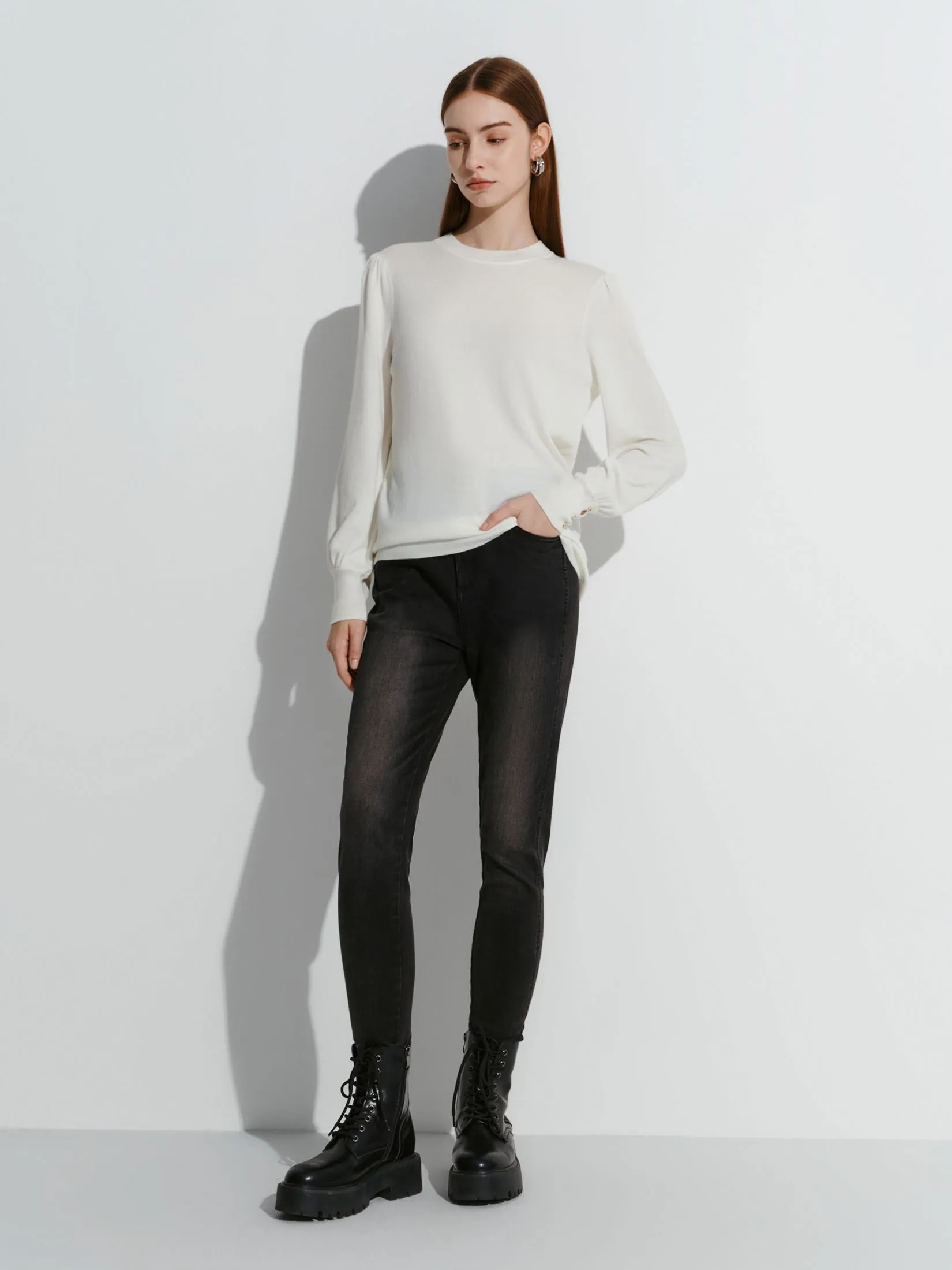 G2000 Women Clothing Crew Neck Puff Sleve Sweater Top Regular Fit - Off-White