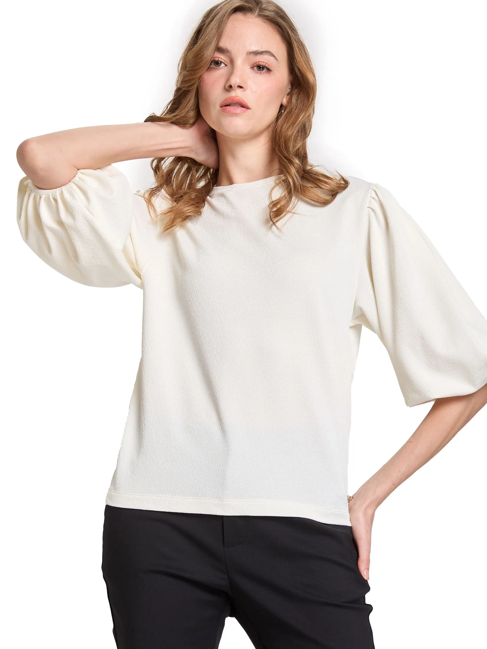 FOF Women T-Shirt Puff Sleeves with Bow