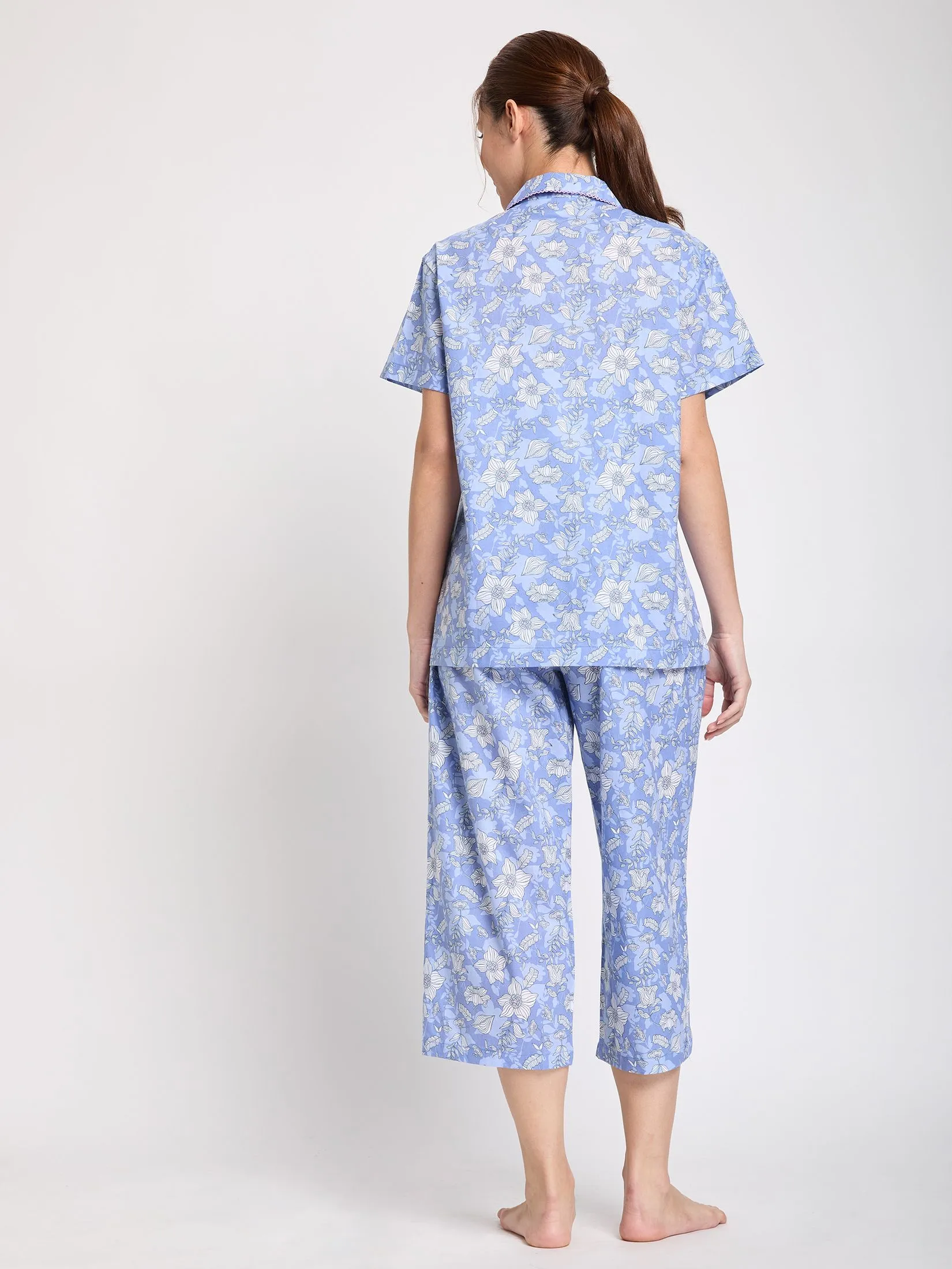 CLAUDIA'S ROMANCE Women Pyjamas Hawaii Shirt Short Sleeves + Cropped Pants Print Blue
