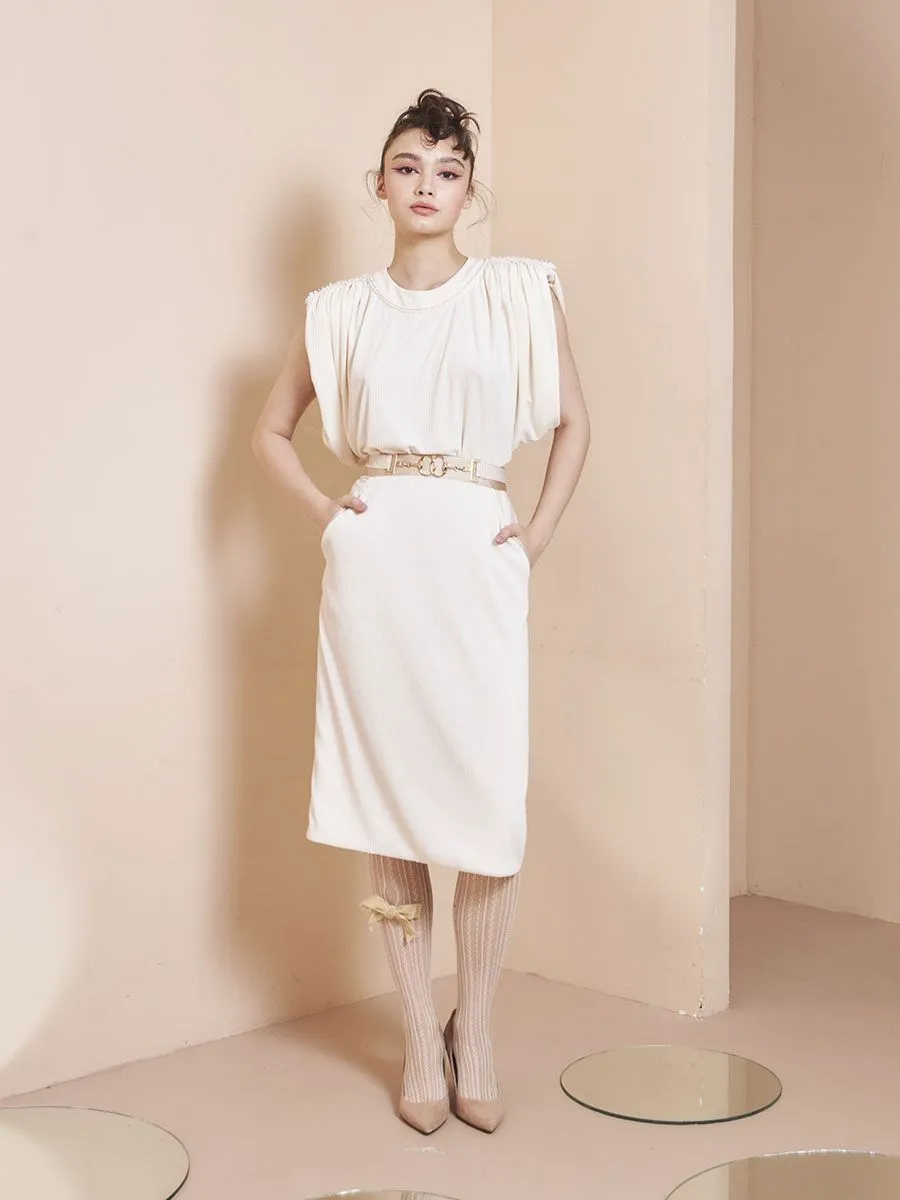 THEA BY THARA Belt-Detailed Ribbed Stretch Skirt Cream