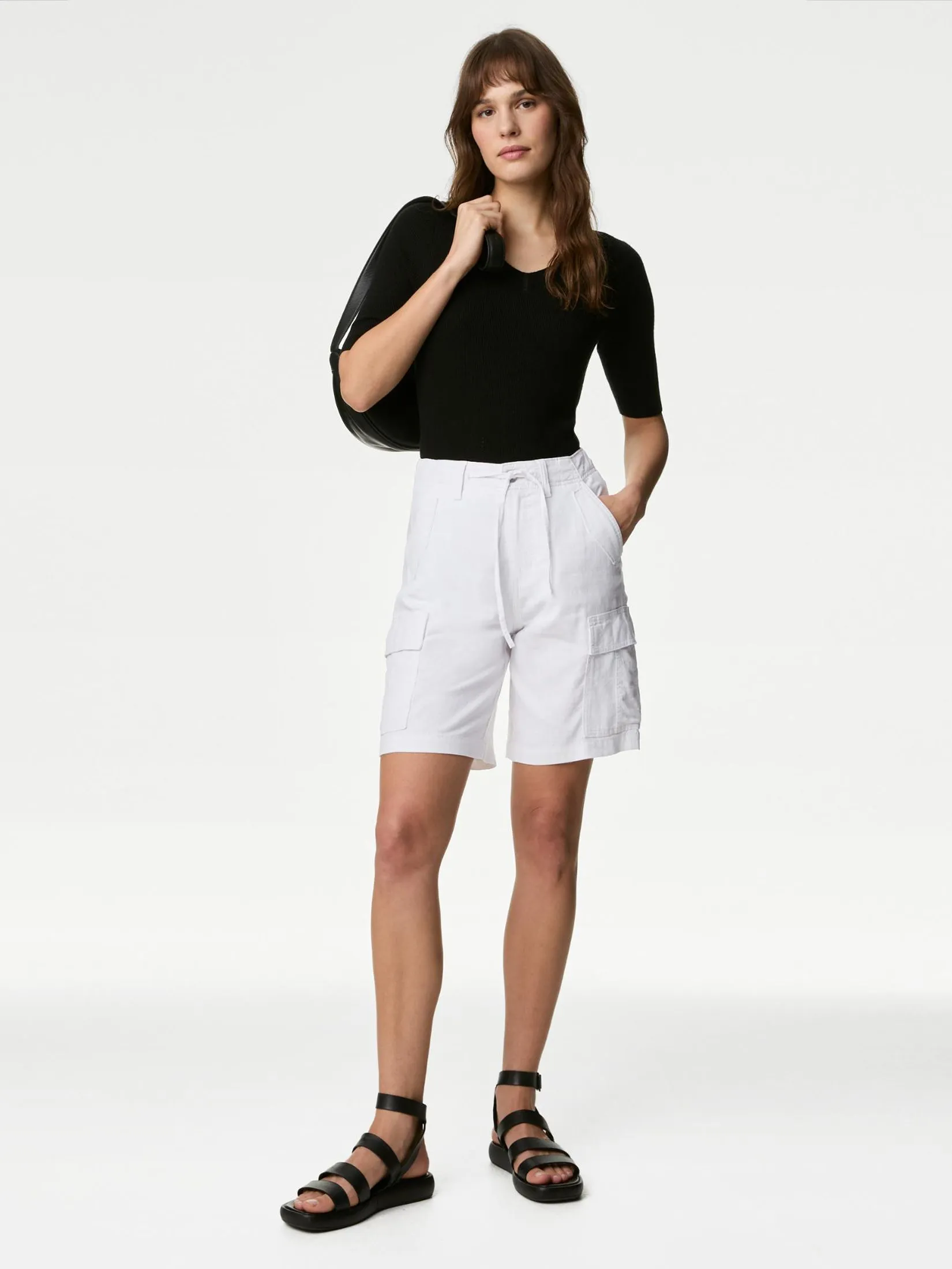 MARKS & SPENCER Women Cargo Utility Shorts Linen Rich
