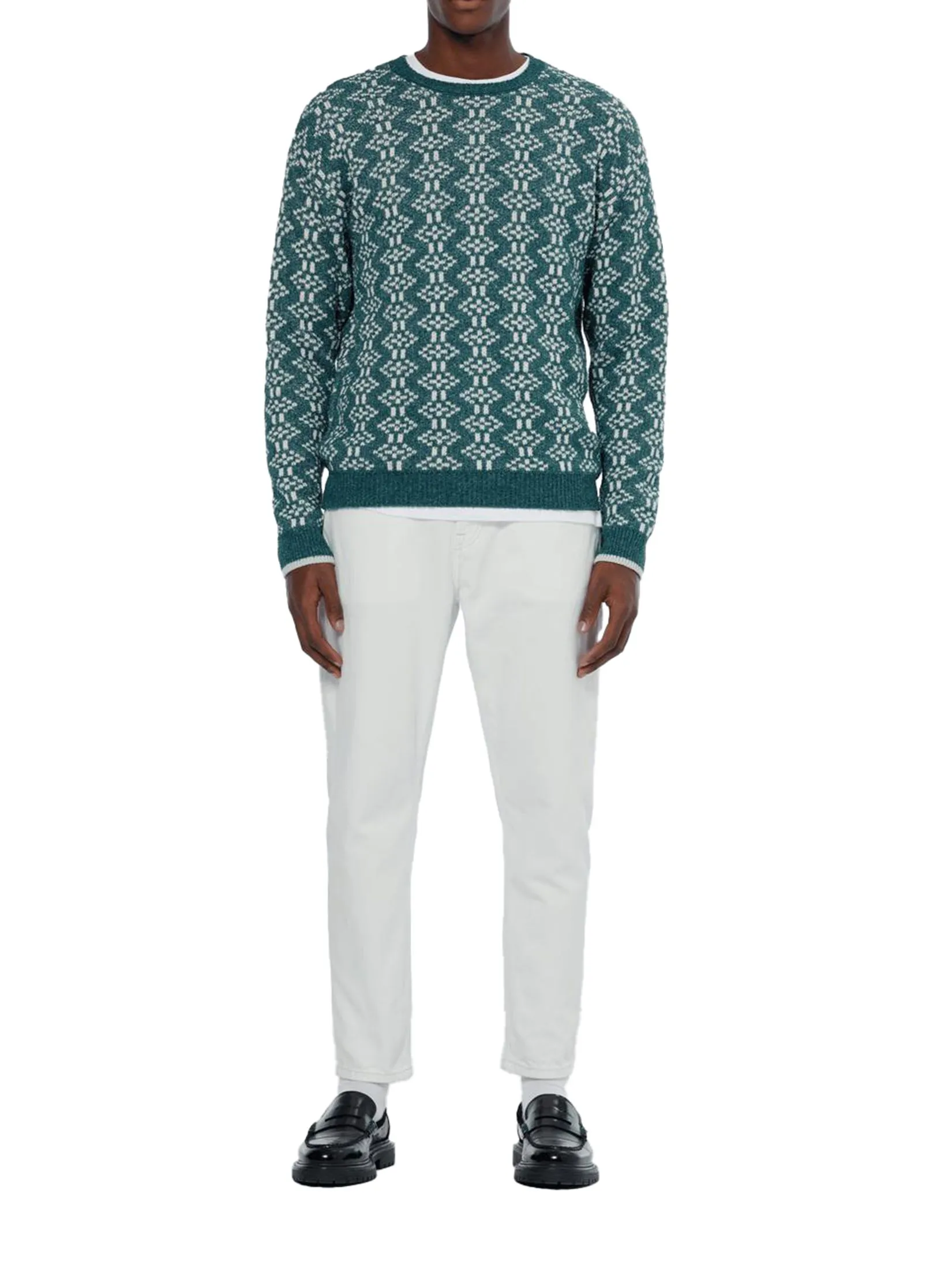 SCOTCH&SODA Men Crewneck Jacquard Extra Drop Shoulder Pitch Green