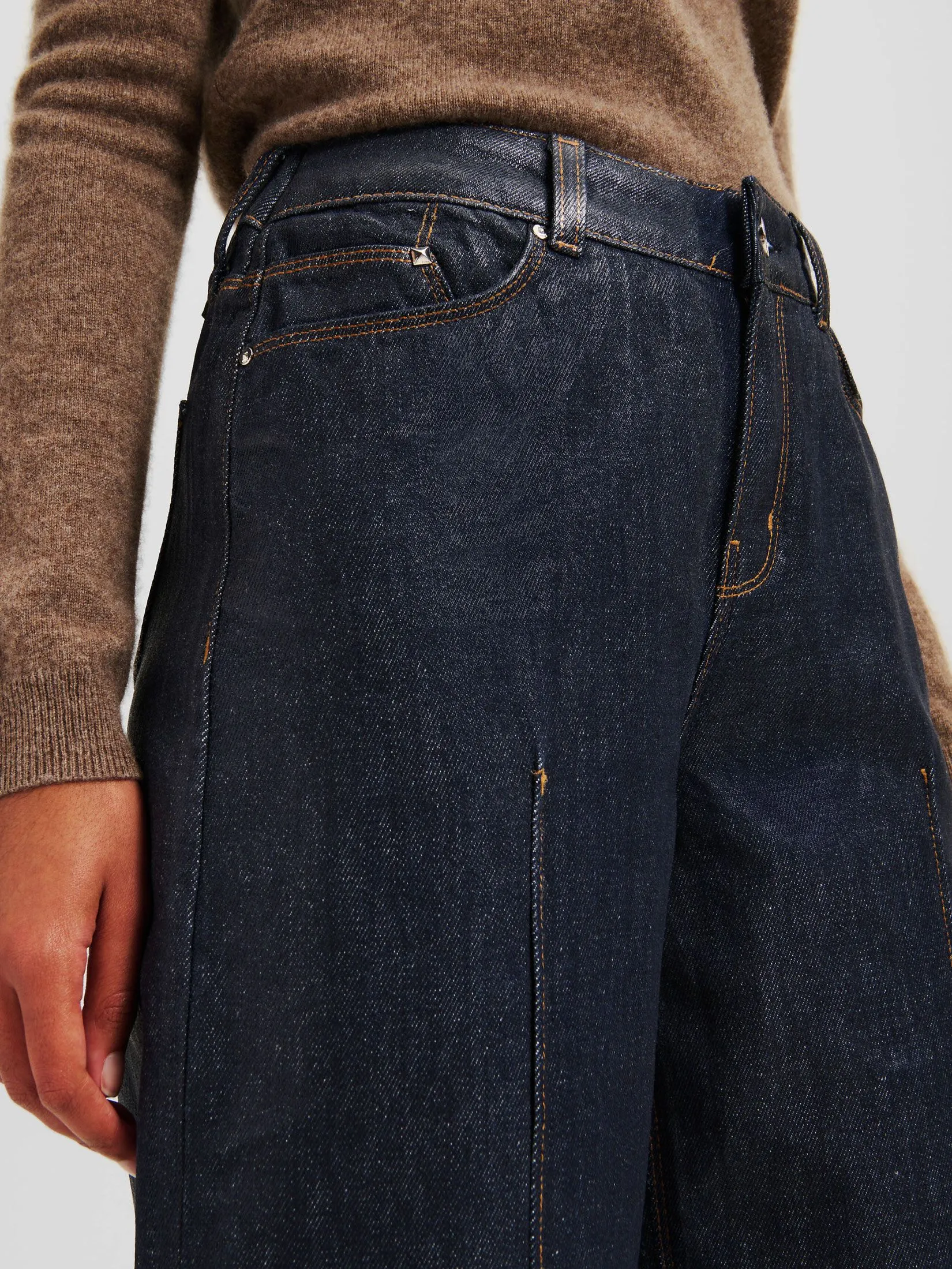 KARL LAGERFELD COATED WIDE LEG DENIM PANTS DARK BLUE DENIM