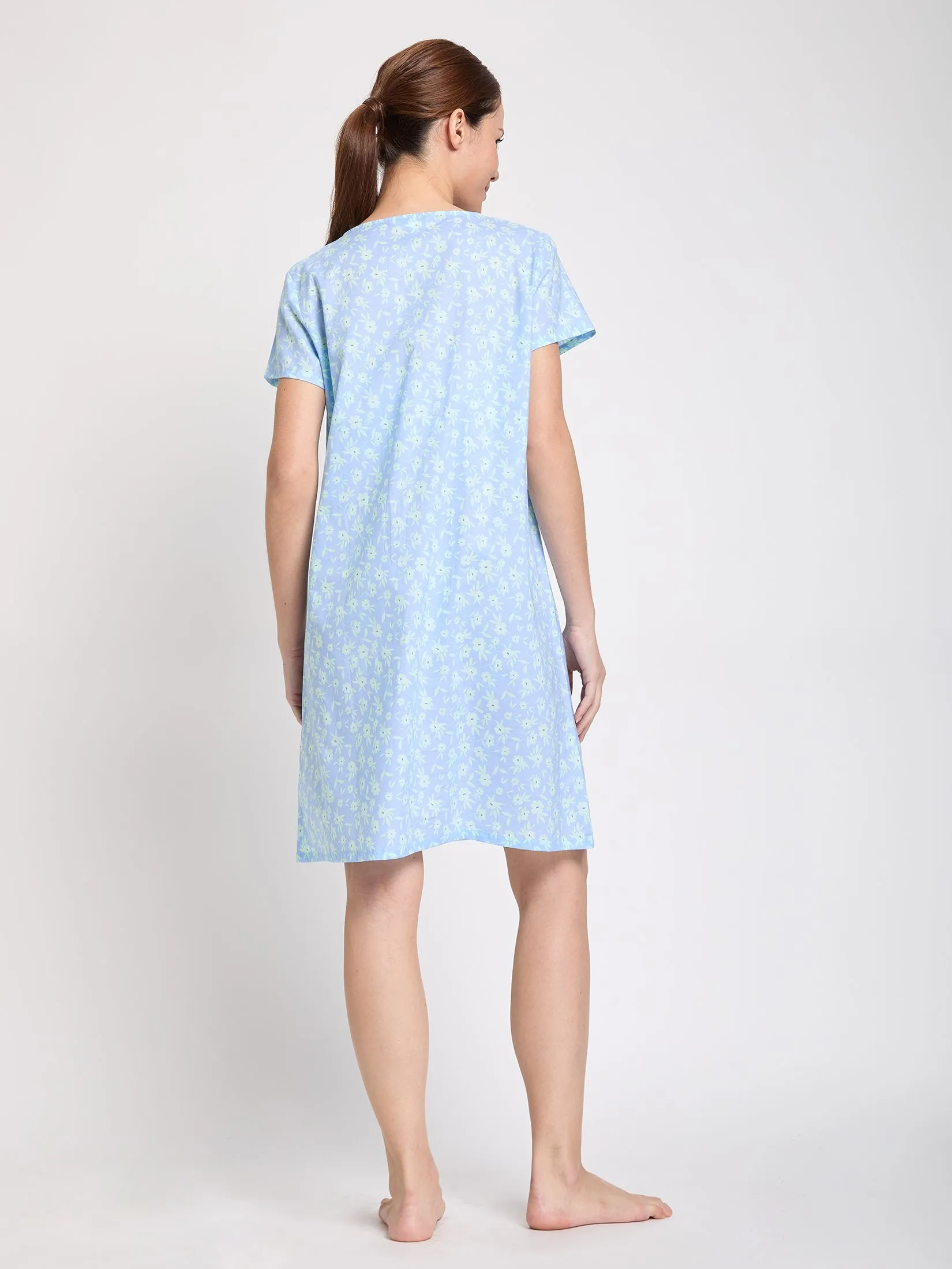 CLAUDIA'S ROMANCE Women Pyjamas Dress Short Sleeves V-Neck Floral Print Blue