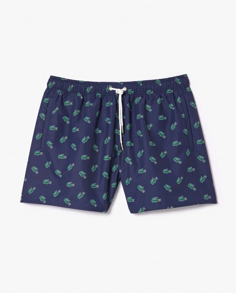 LACOSTE Crocodile Print Swim Trunks Blue