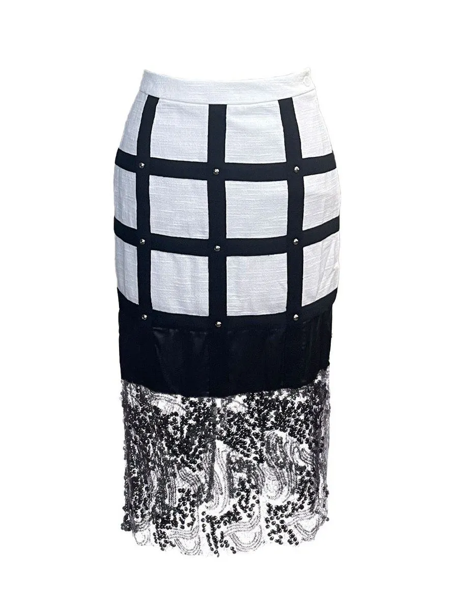 SENADA WOMEN WHITE STUDDED SKIRT WITH SEQUIN LACE