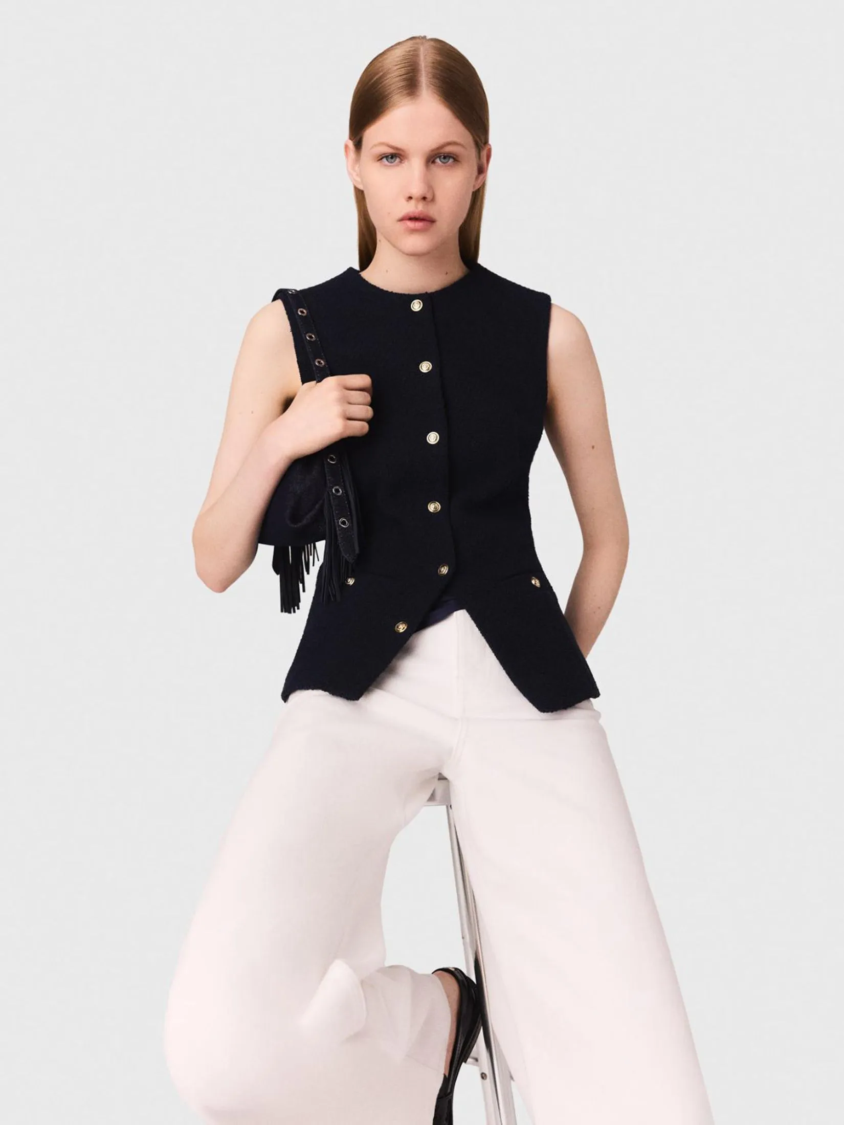 MAJE Women Long Jacket Sleeveless Tweed