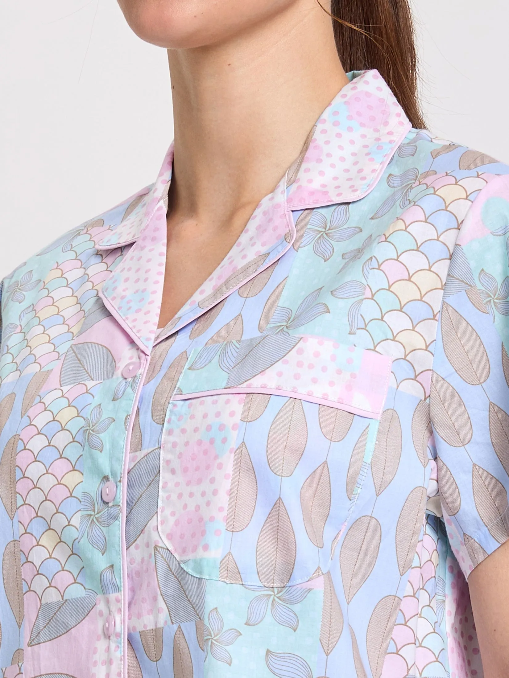 CLAUDIA'S ROMANCE Women Pajamas Set Hawaiian Shirt Short Sleeves + 5-Part Pants Pink