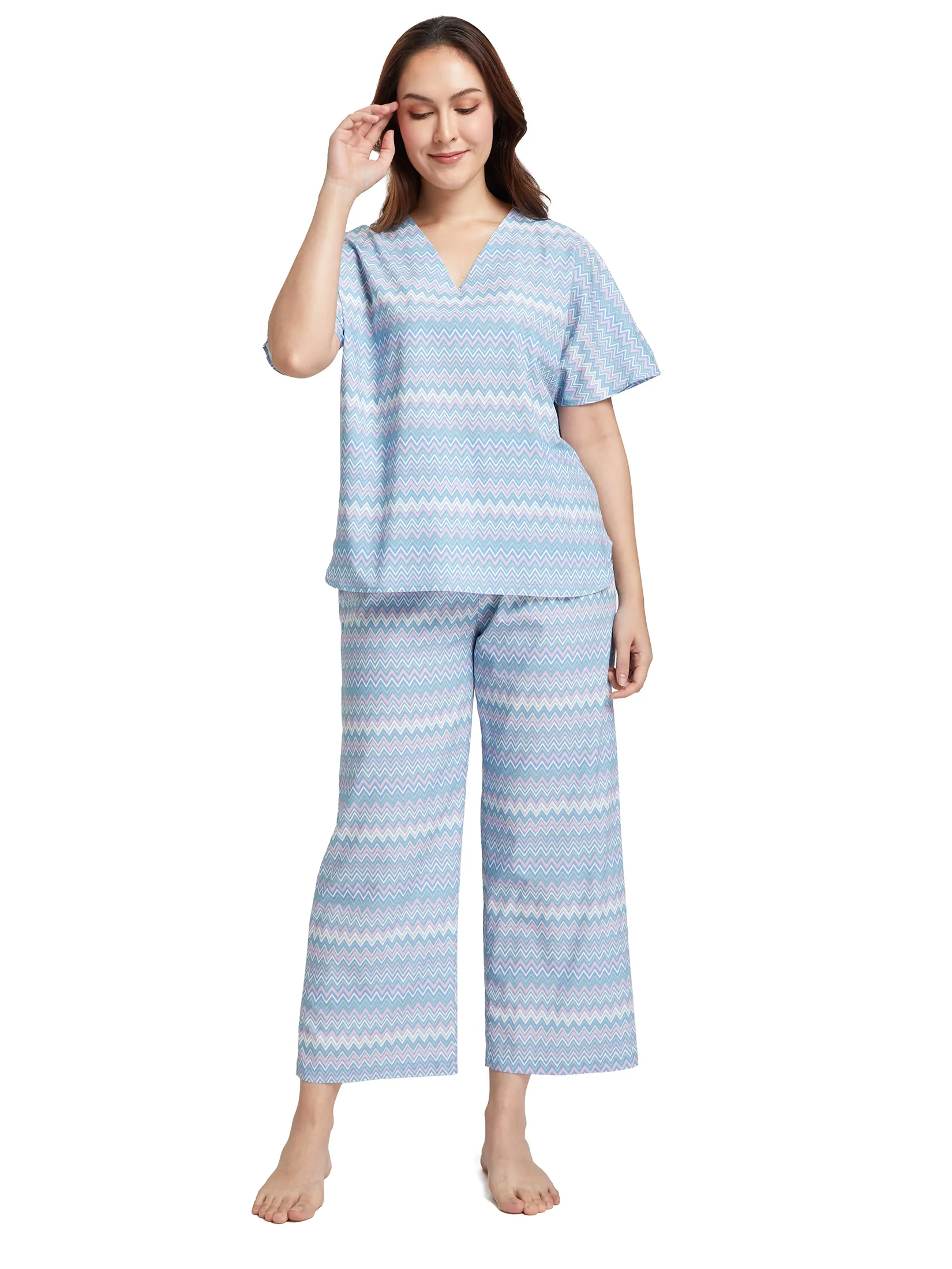 ELIZABETH Women Pyjamas T-Shirt Short Sleeves V-Neck + Pants Stripe Print Multi-Color Size - L