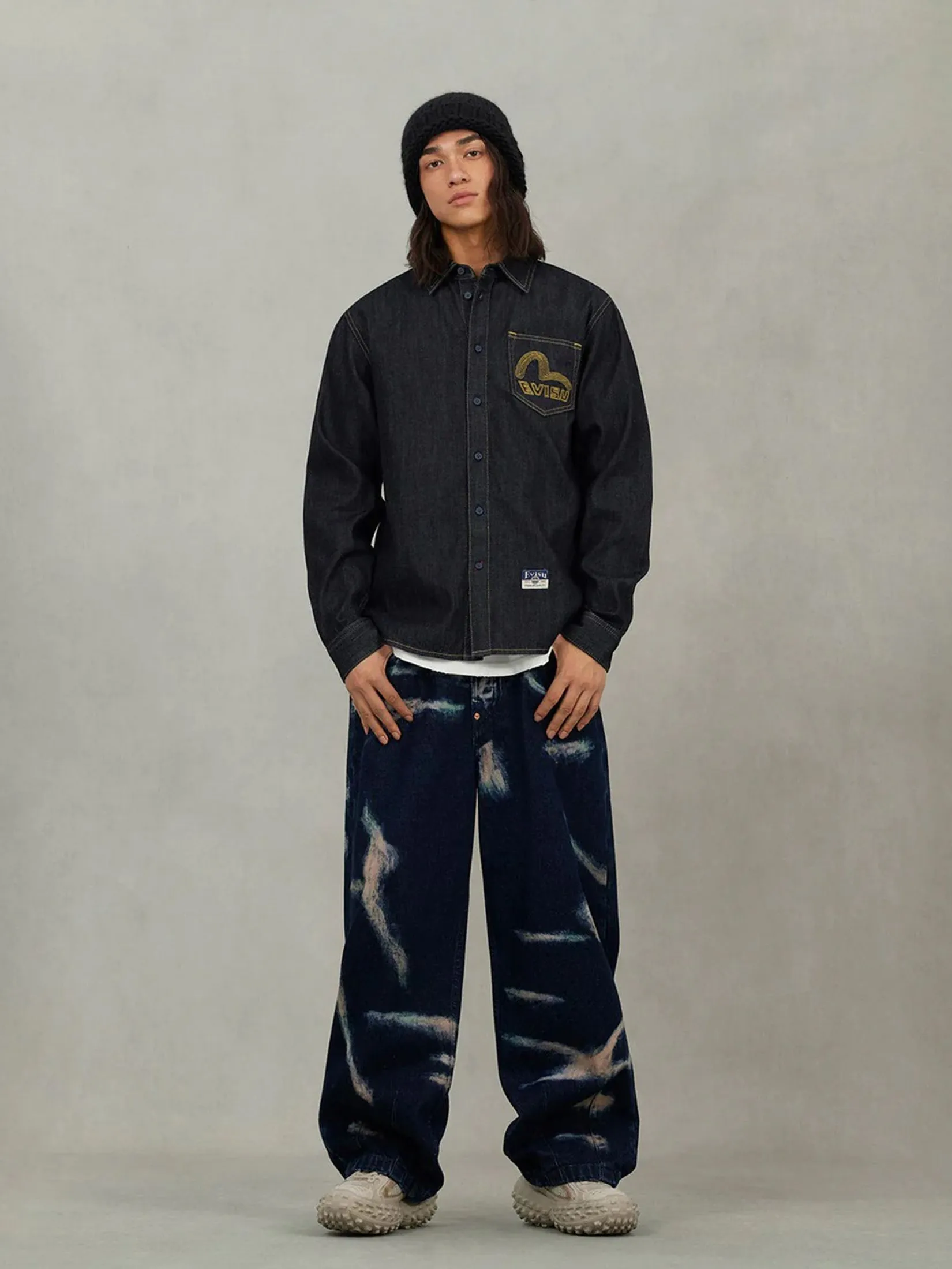 EVISU Men Shirt Long-Sleeve Denim Seagull Embroidery Regular Fit Navy