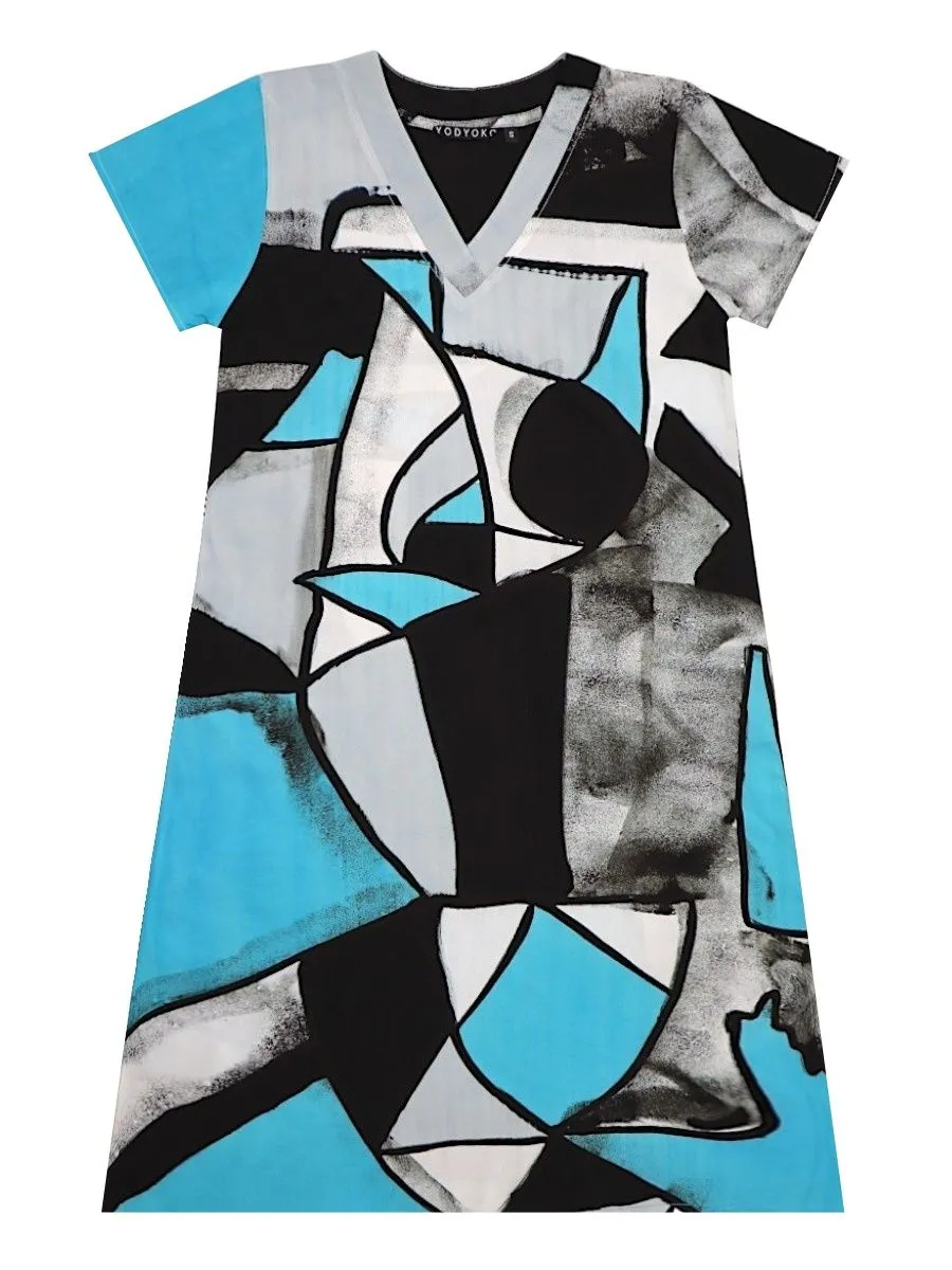 YODYOKO Woman Dress - Blue : Abstract Black and white blocks