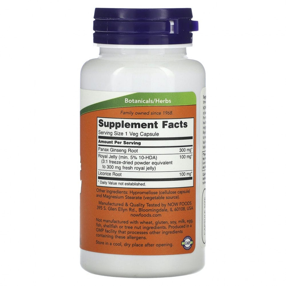 NOW Foods, Женьшень и маточное молочко, 90 растительных капсул