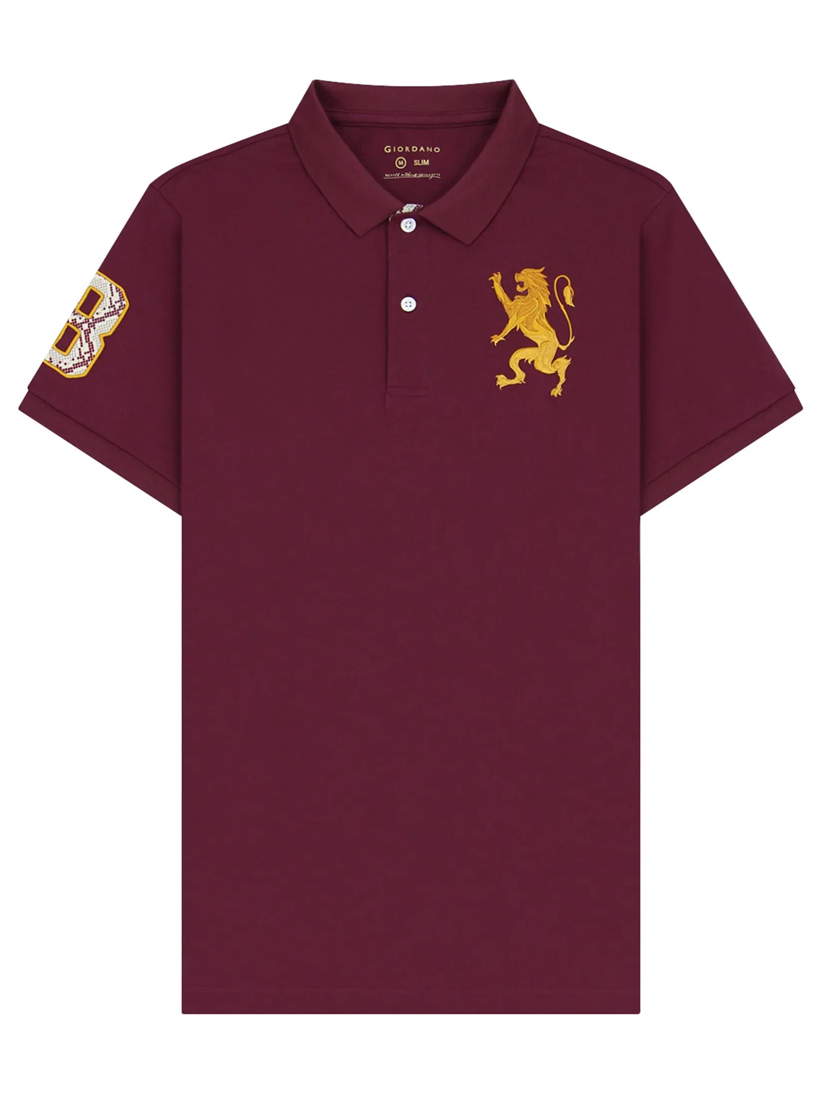 GIORDANO Men's Slim Embroidery Bold Polo (3D Lion) Burgundy Red