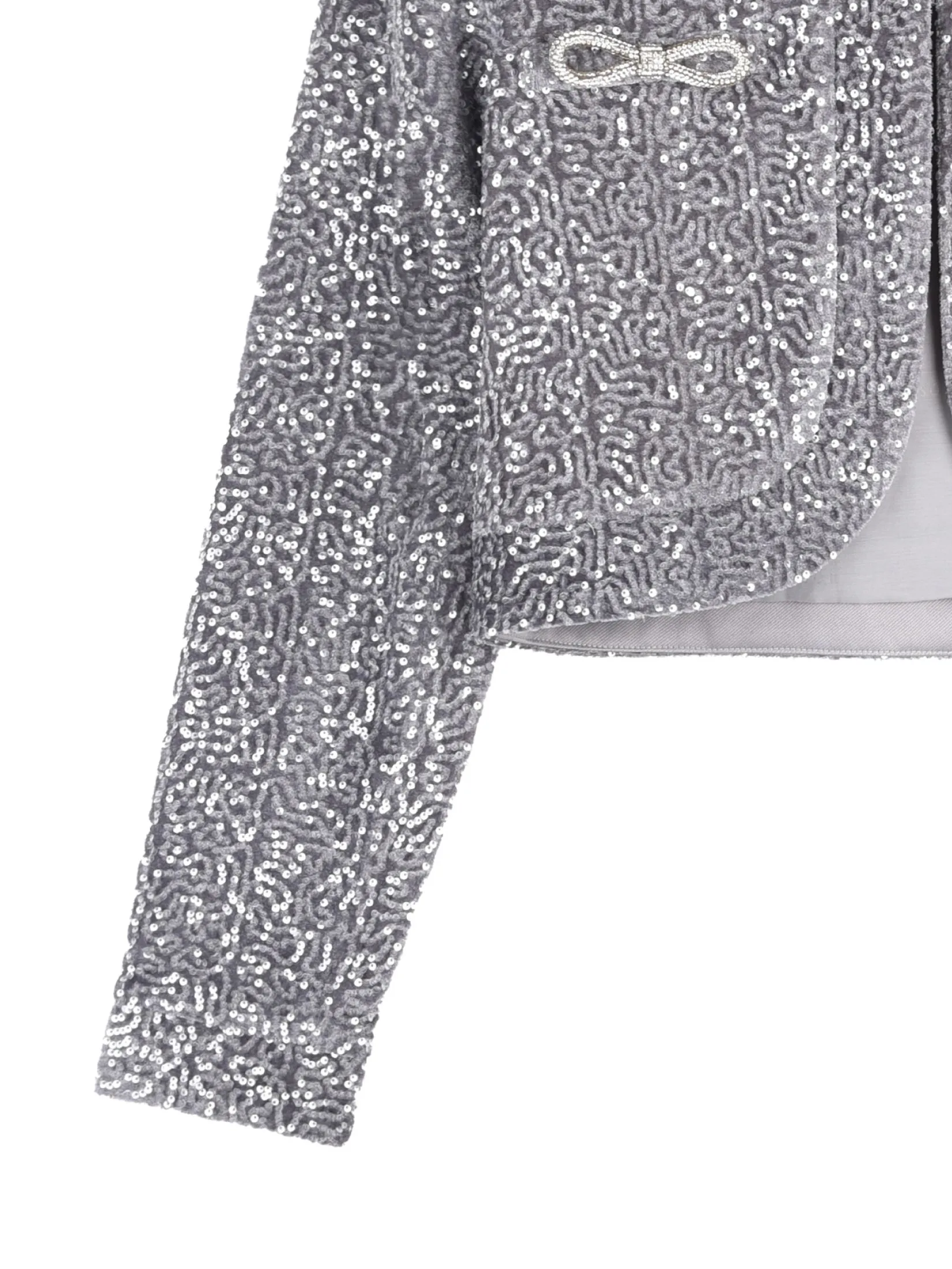 KLOSET (AW24) Women Sequin Blazer with Rhinestone Bow Grey