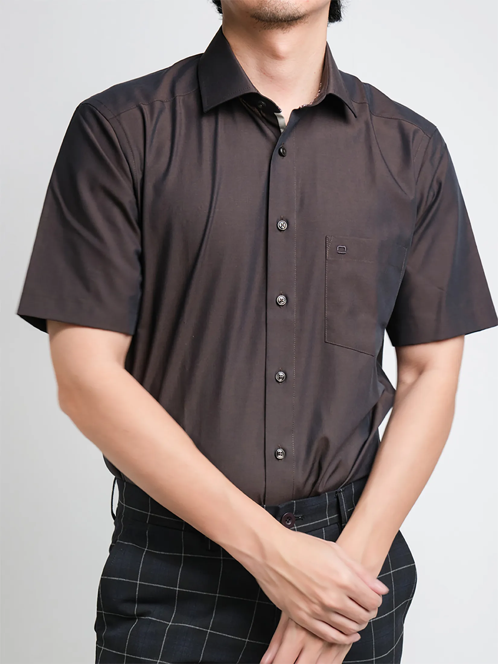 OLYMP MEN SHIRT SHORT SLEEVES CASUAL SHIRT MODERN FIT BROWN