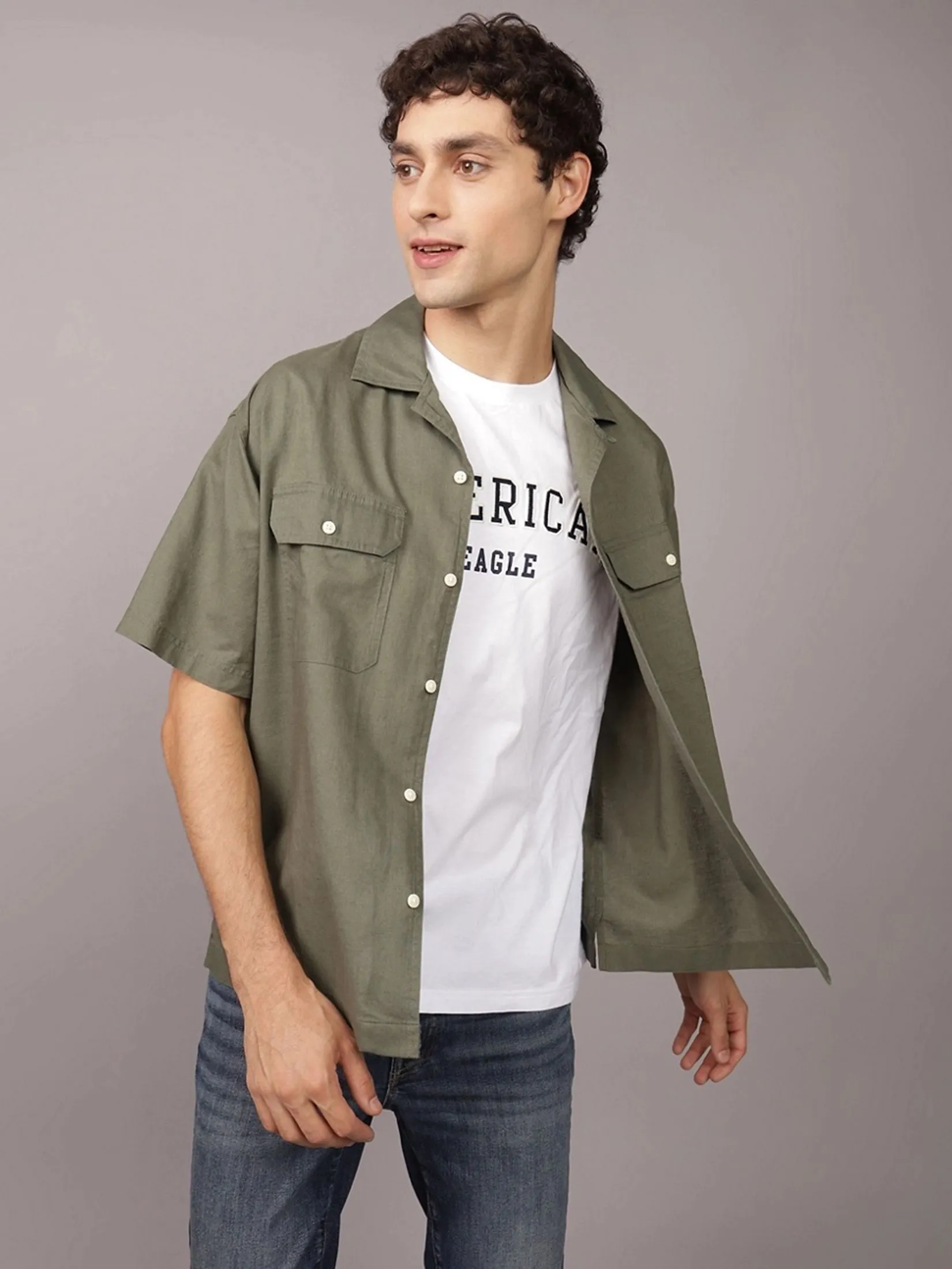 AMERICAN EAGLE MEN OLIVE TINT SS OVERSIZED CAMP COLLAR CURTIS LINEN SHIRT 309 OLIVE