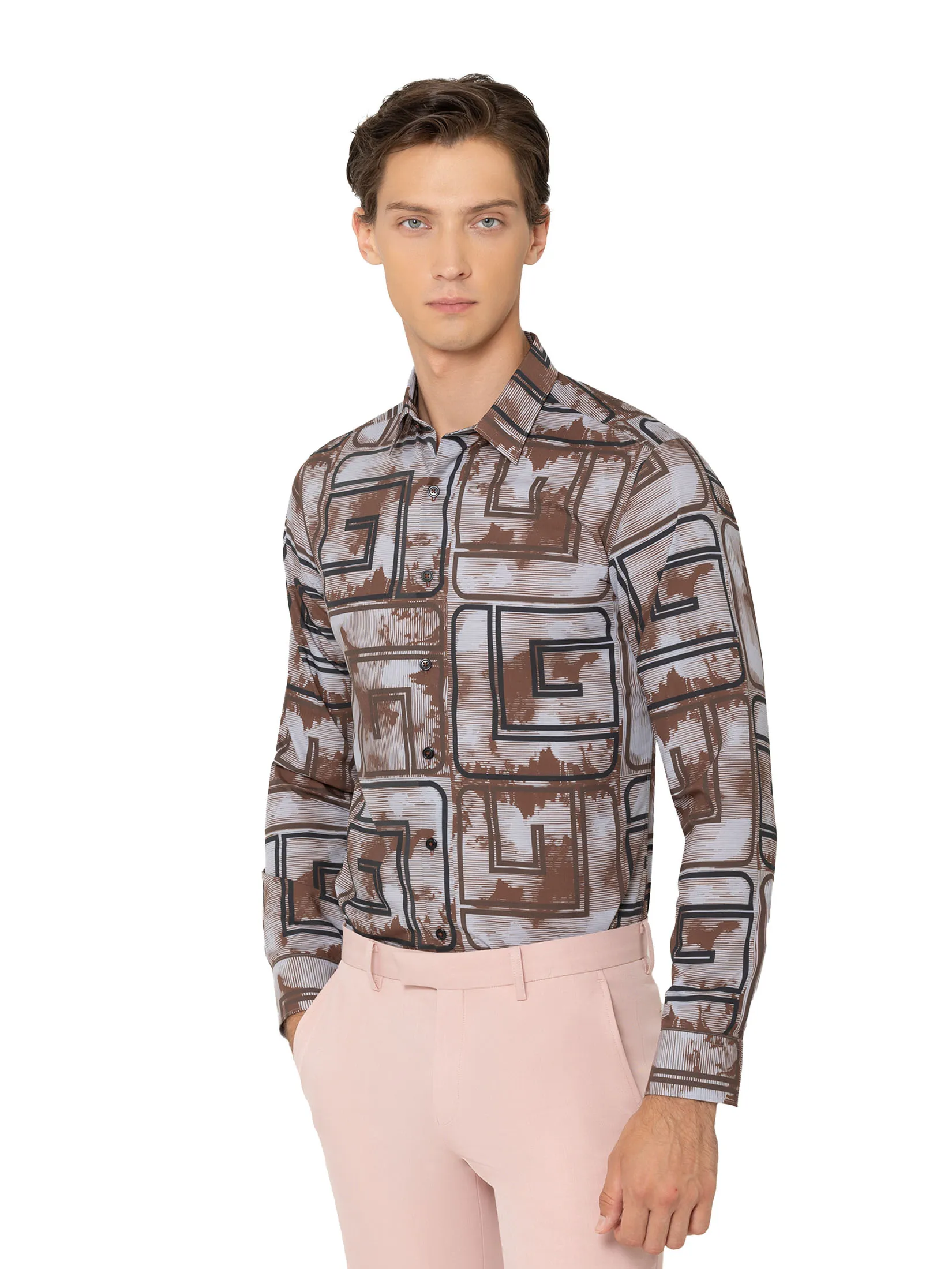 GUY LAROCHE MENWEAR Men's Shirt Long-Sleeve Brown Shirt, 100% Polyester, Slim Fit, Model BAB7200W5BR