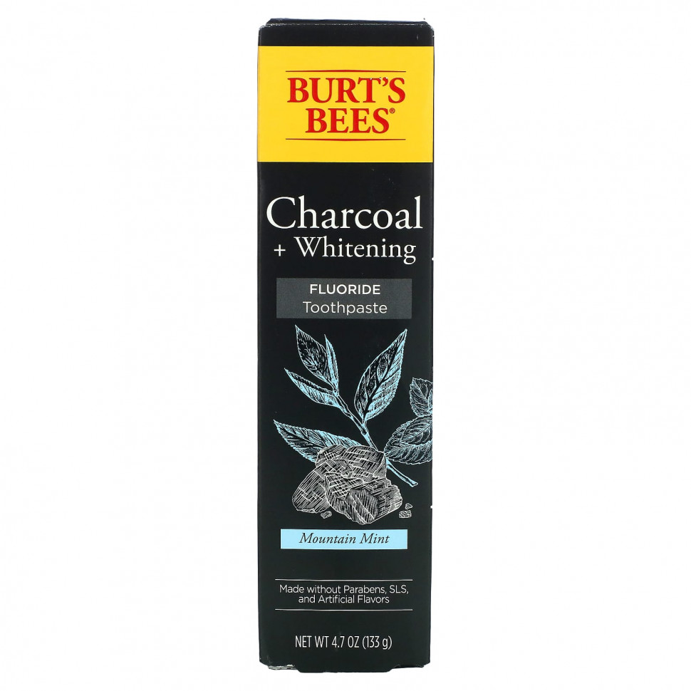 Burt's Bees, Charcoal + Whitening, зубная паста с фтором, горная мята, 133 г (4,7 унции)