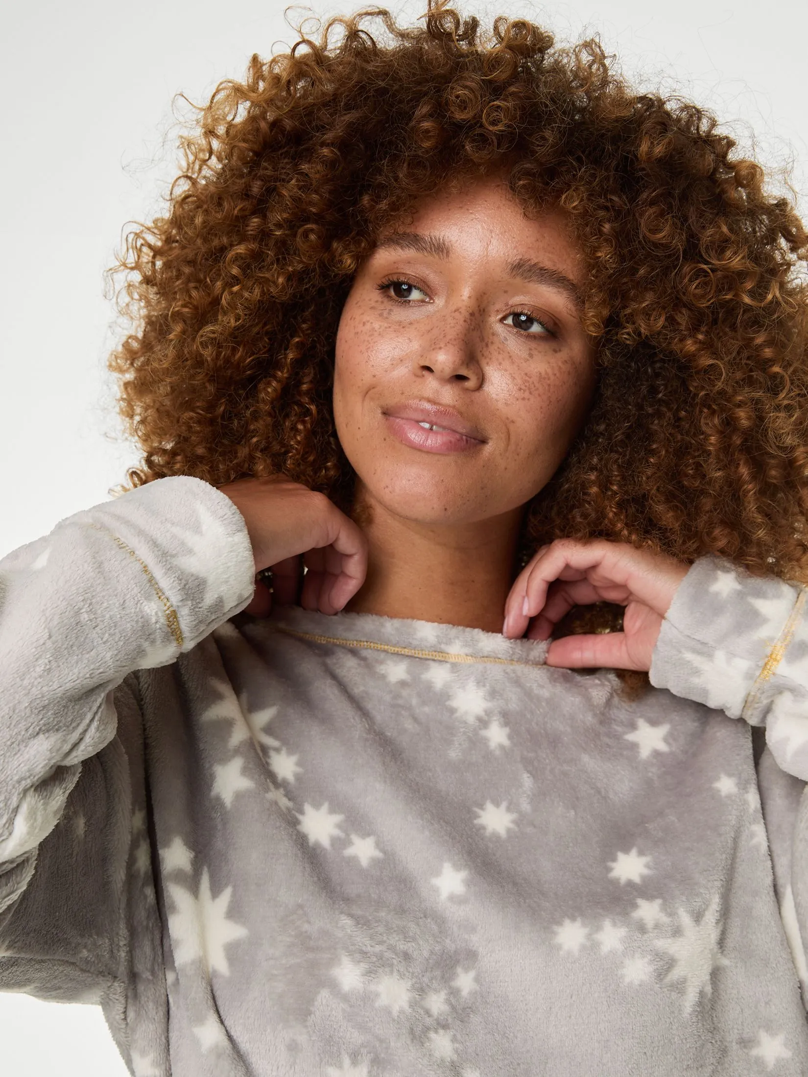 MARKS & SPENCER Women Pyjama Set Fleece Printed Silver