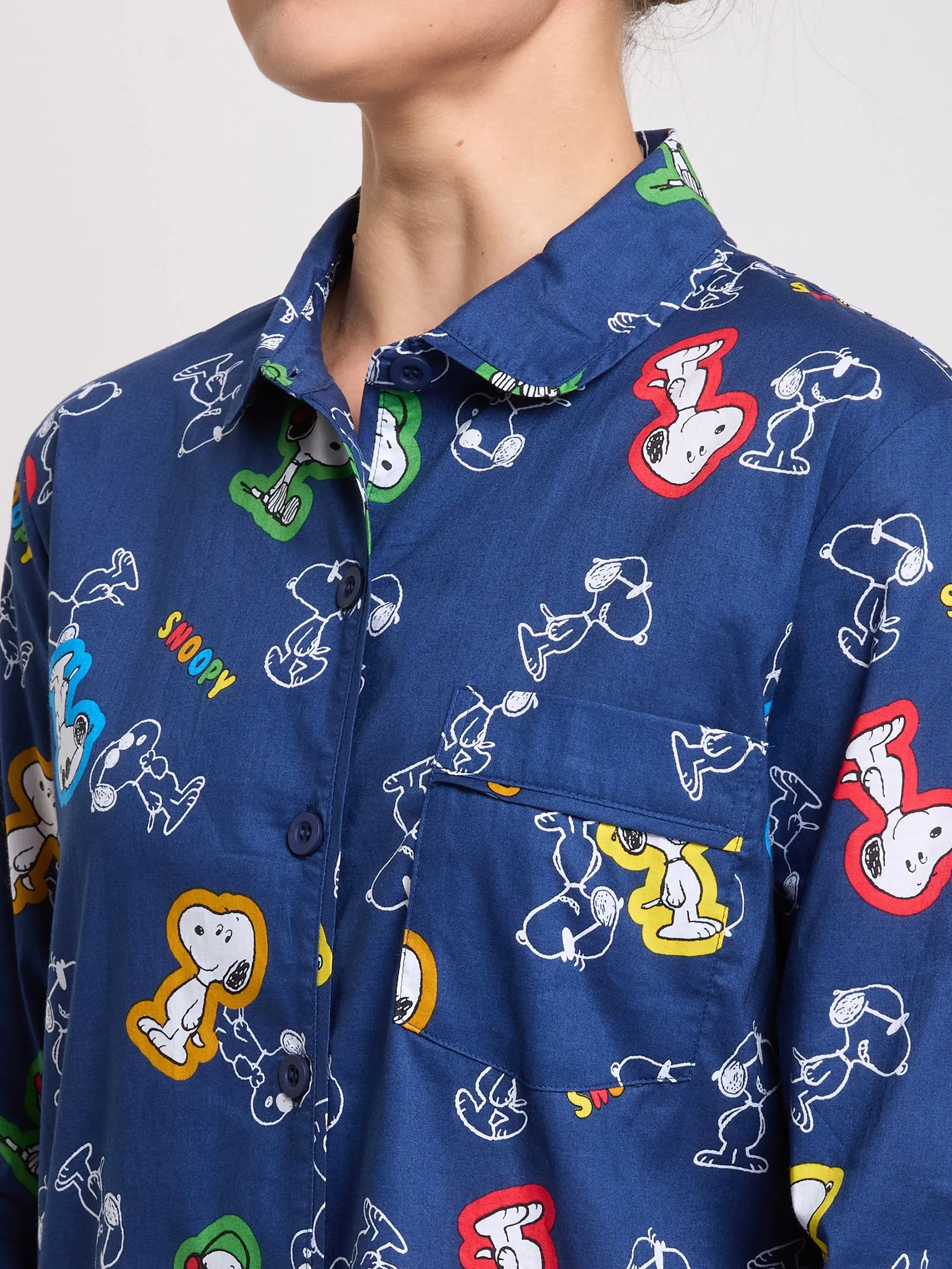 SWEET SENSATIONS Women Pyjamas Set Long Sleeves Shirt + Long Pants Snoopy Print Dark Blue