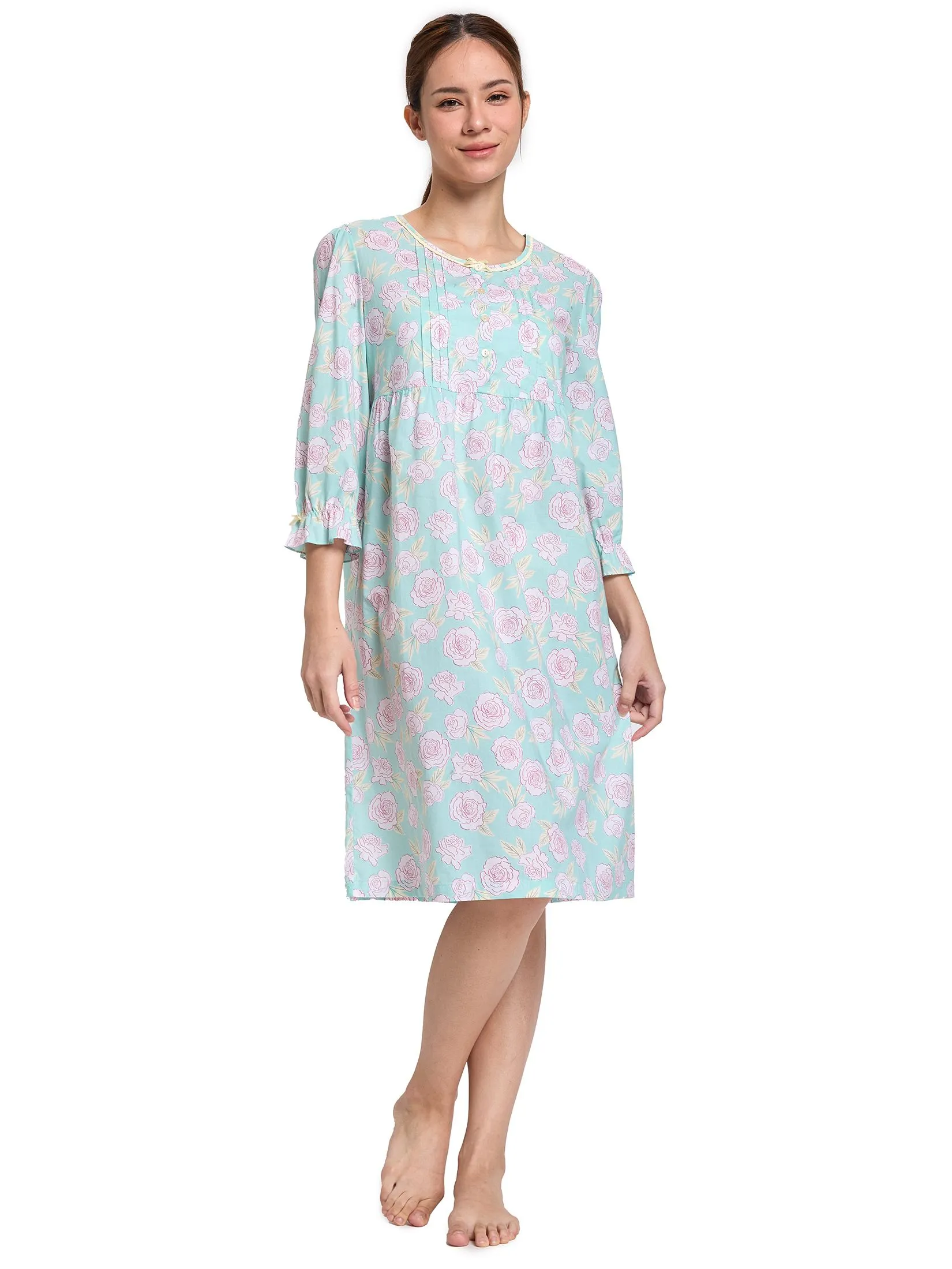 CLAUDIA'S ROMANCE Women Nightdress 5-Part Sleeves Green